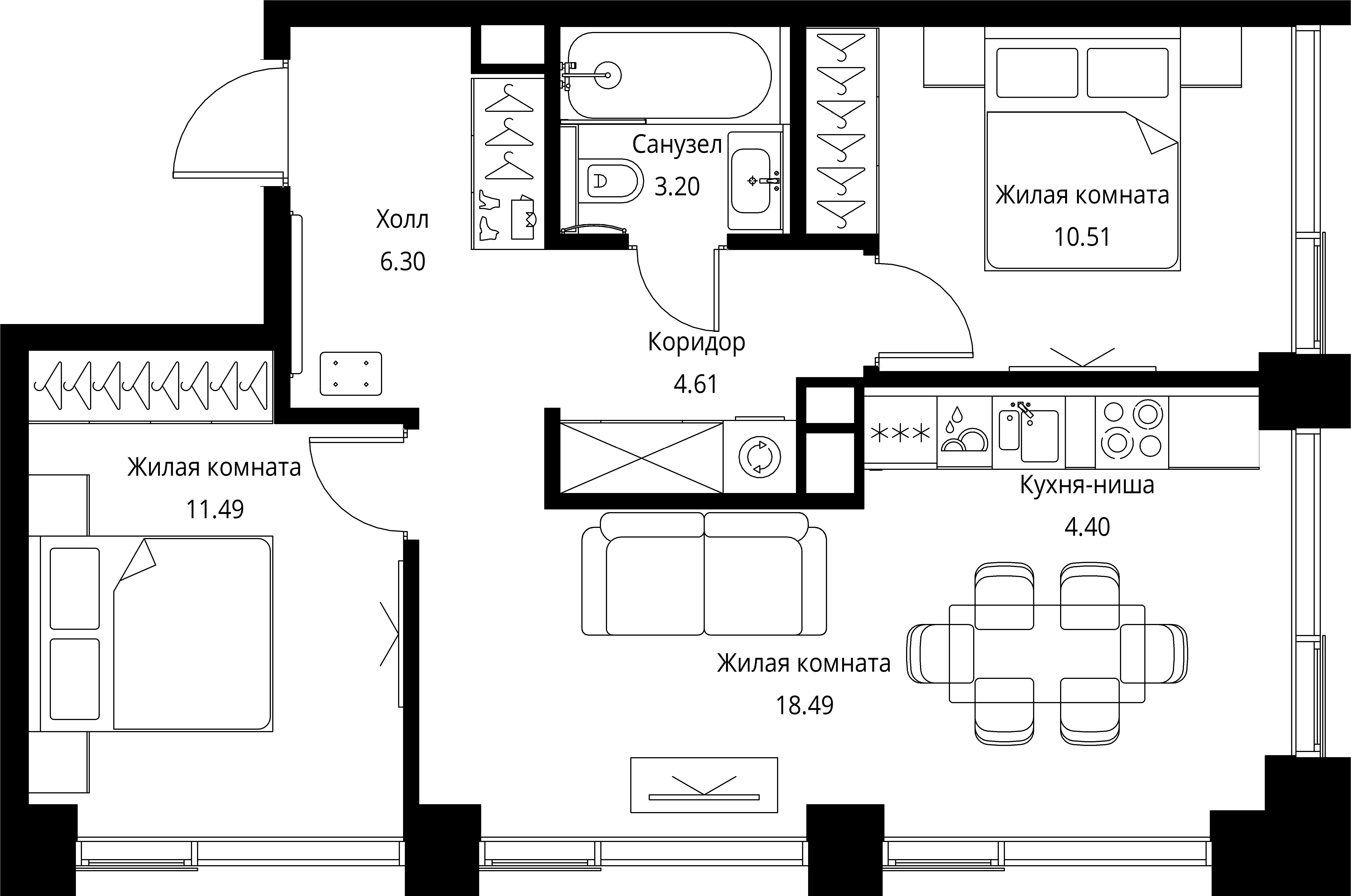 2 комн. квартира, 59 м², 4 этаж 
