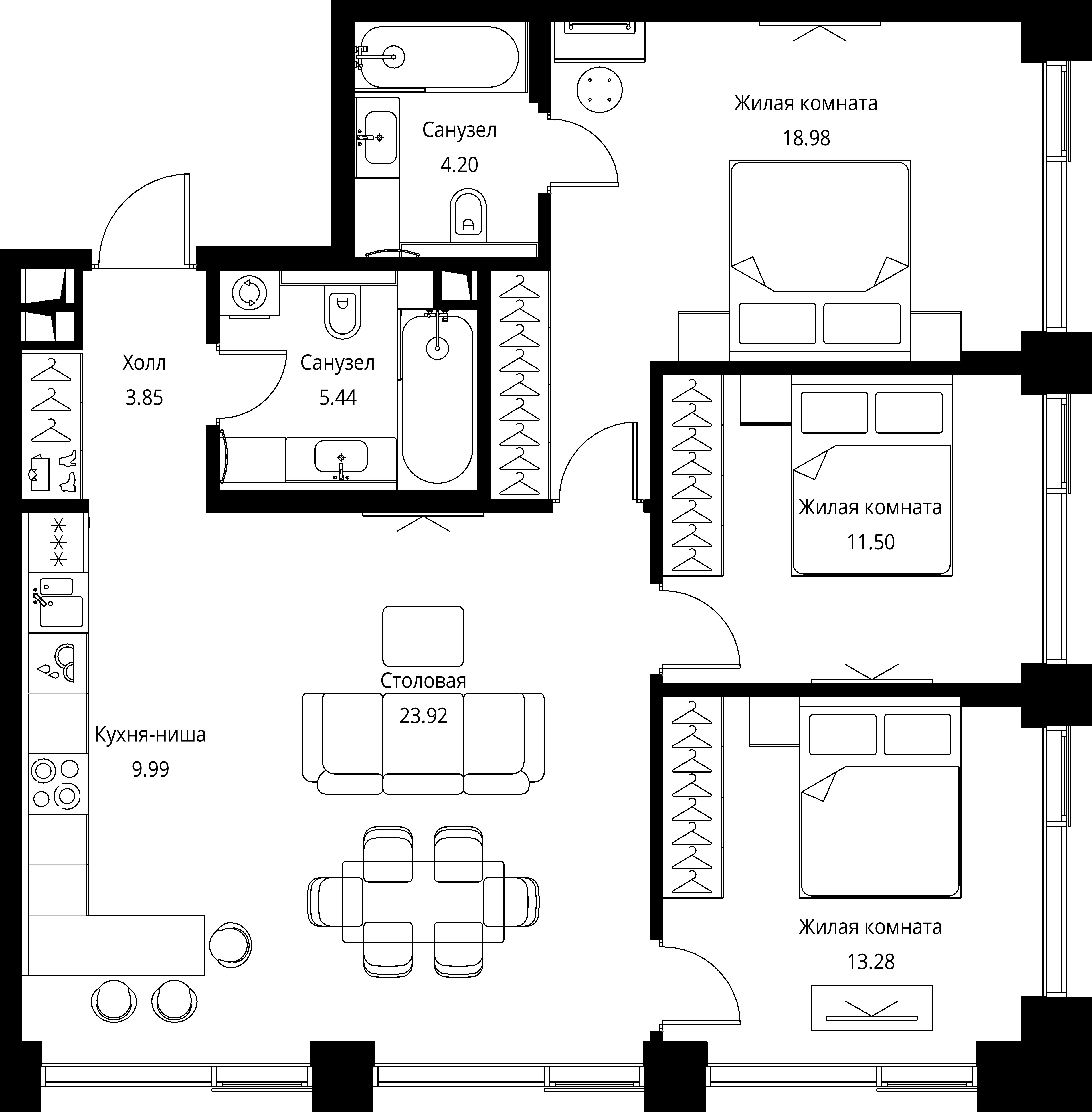 3 комн. квартира, 91.2 м², 4 этаж 