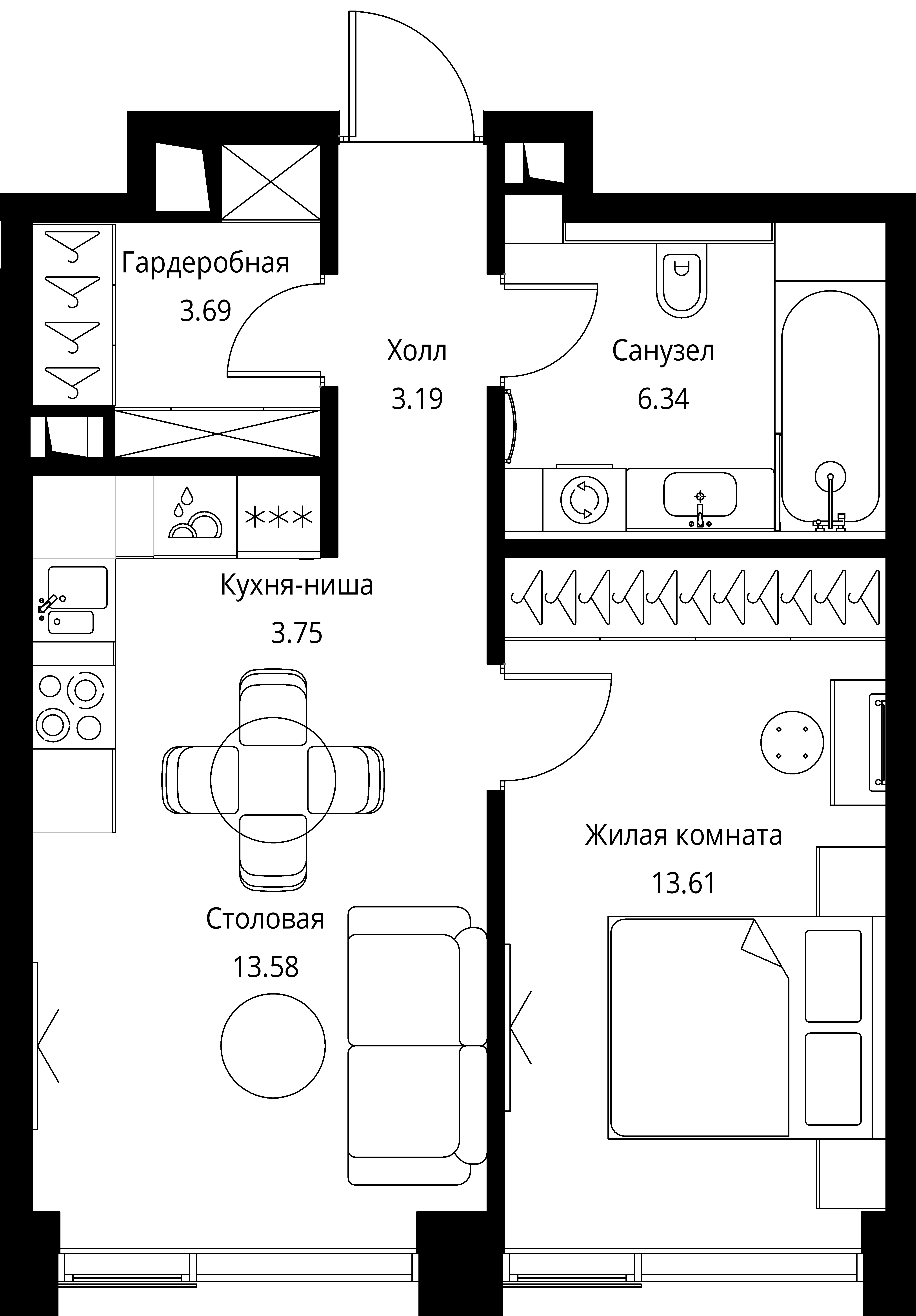 1 комн. квартира, 44.2 м², 16 этаж 