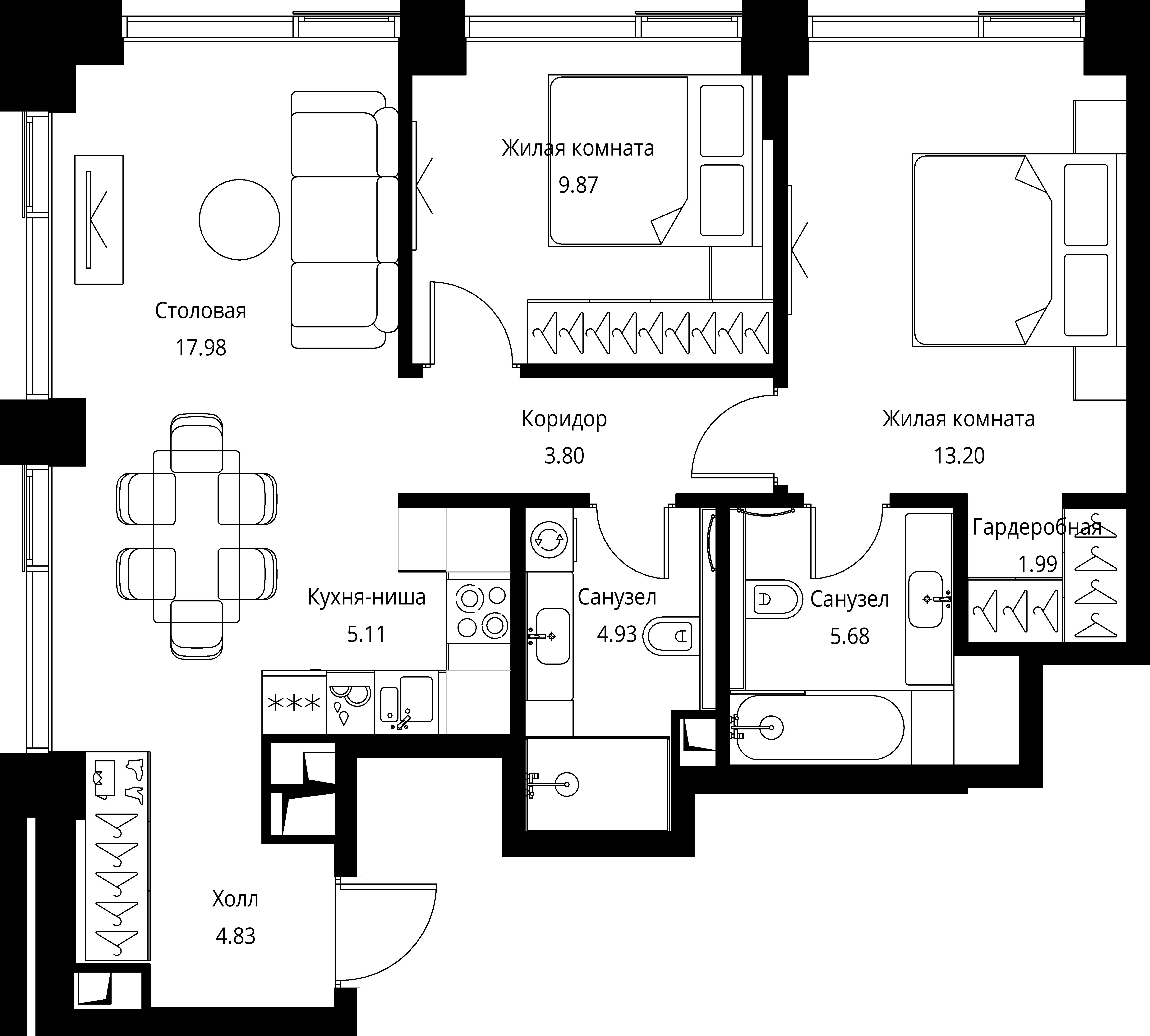 2 комн. квартира, 67.4 м², 8 этаж 