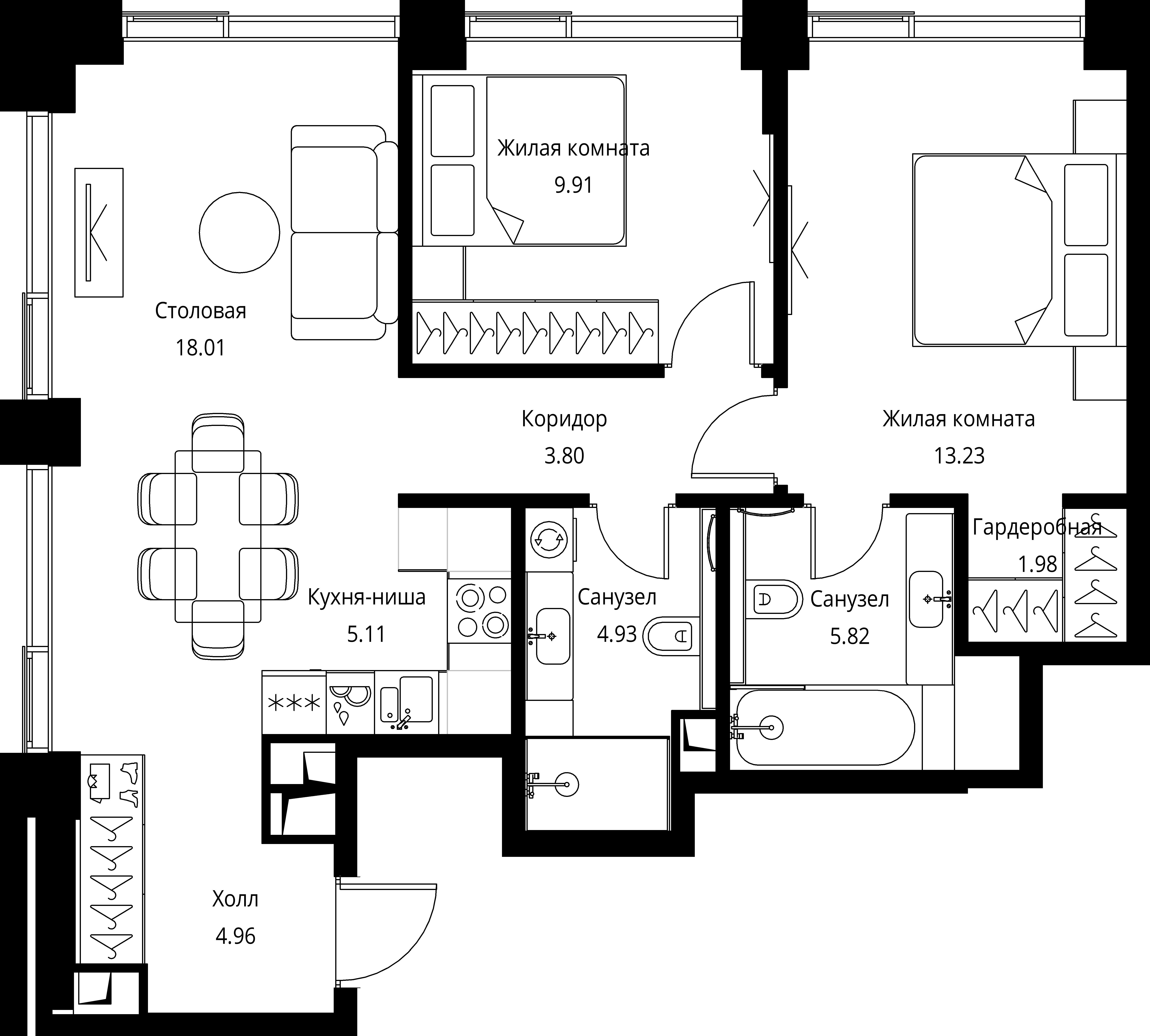 2 комн. квартира, 67.8 м², 13 этаж 