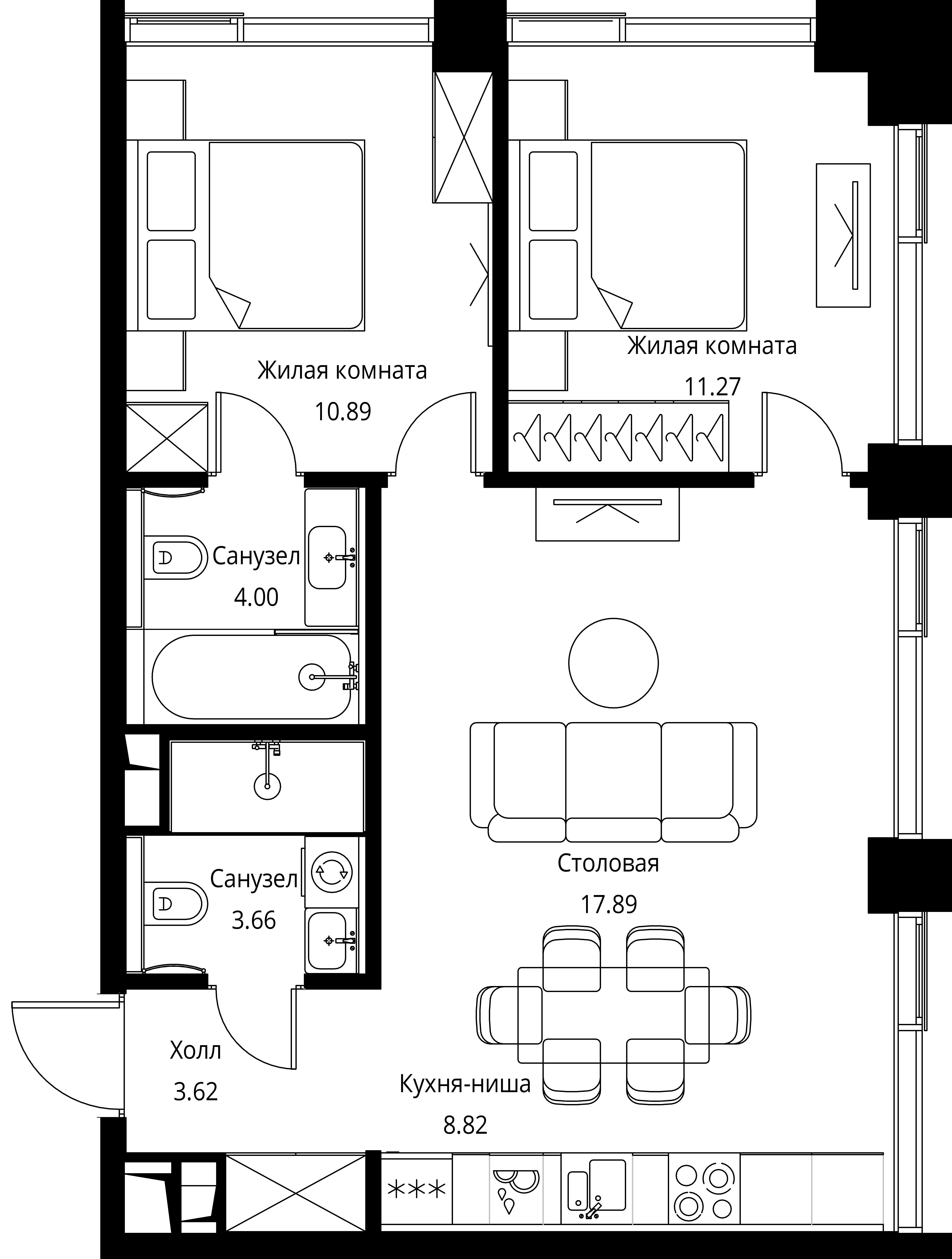 2 комн. квартира, 60.1 м², 23 этаж 