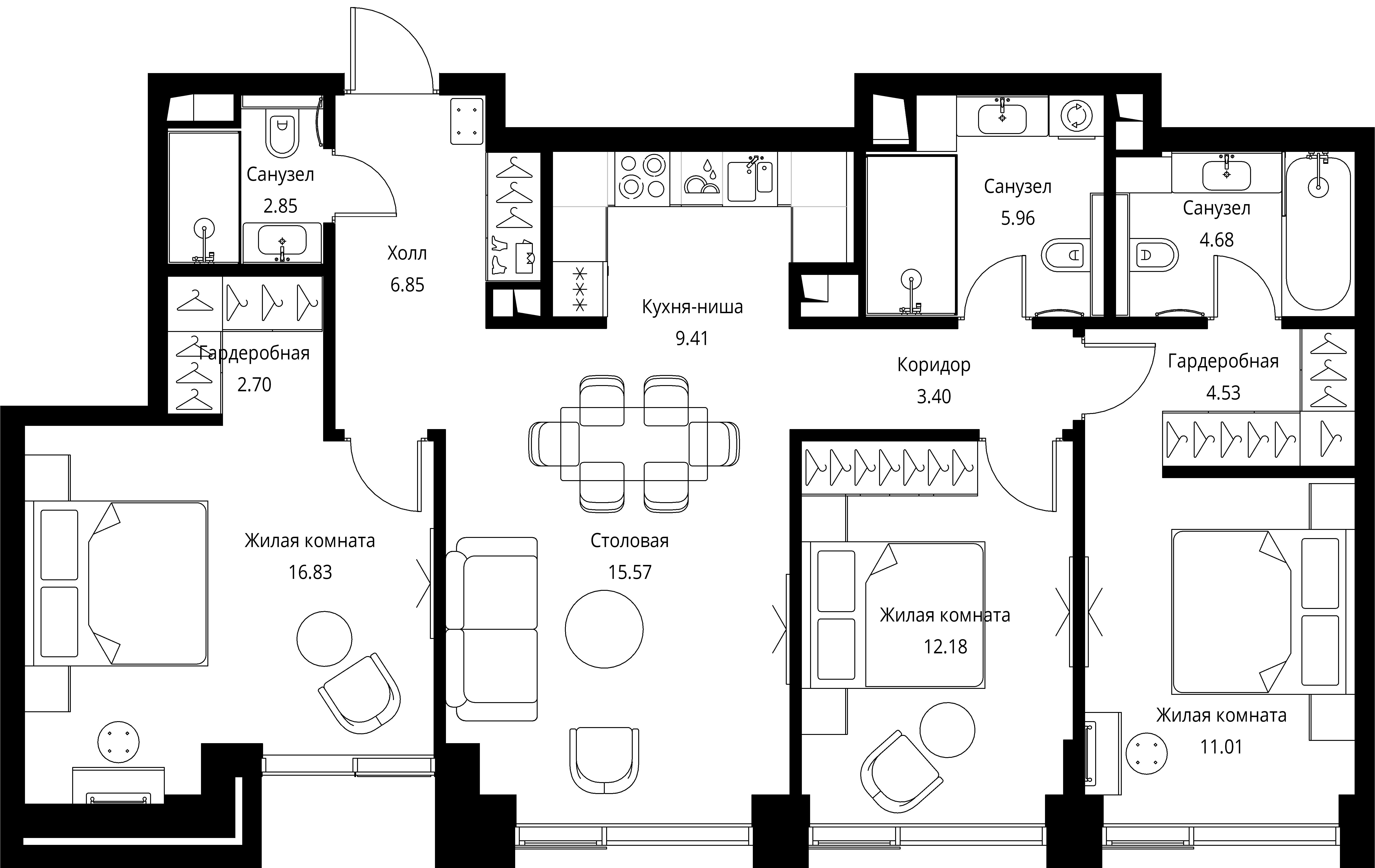 3 комн. квартира, 96 м², 8 этаж 