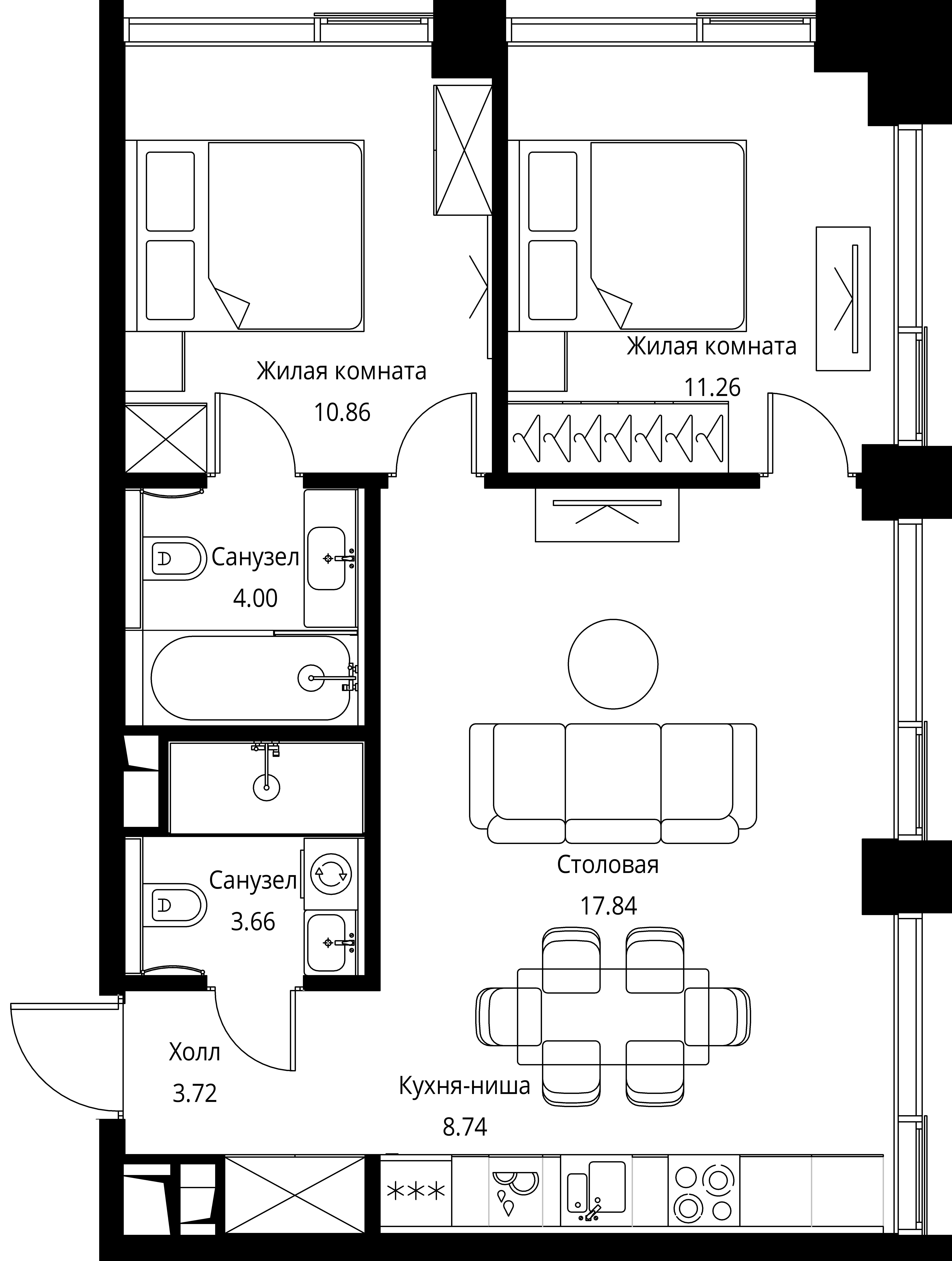 2 комн. квартира, 60.1 м², 16 этаж 