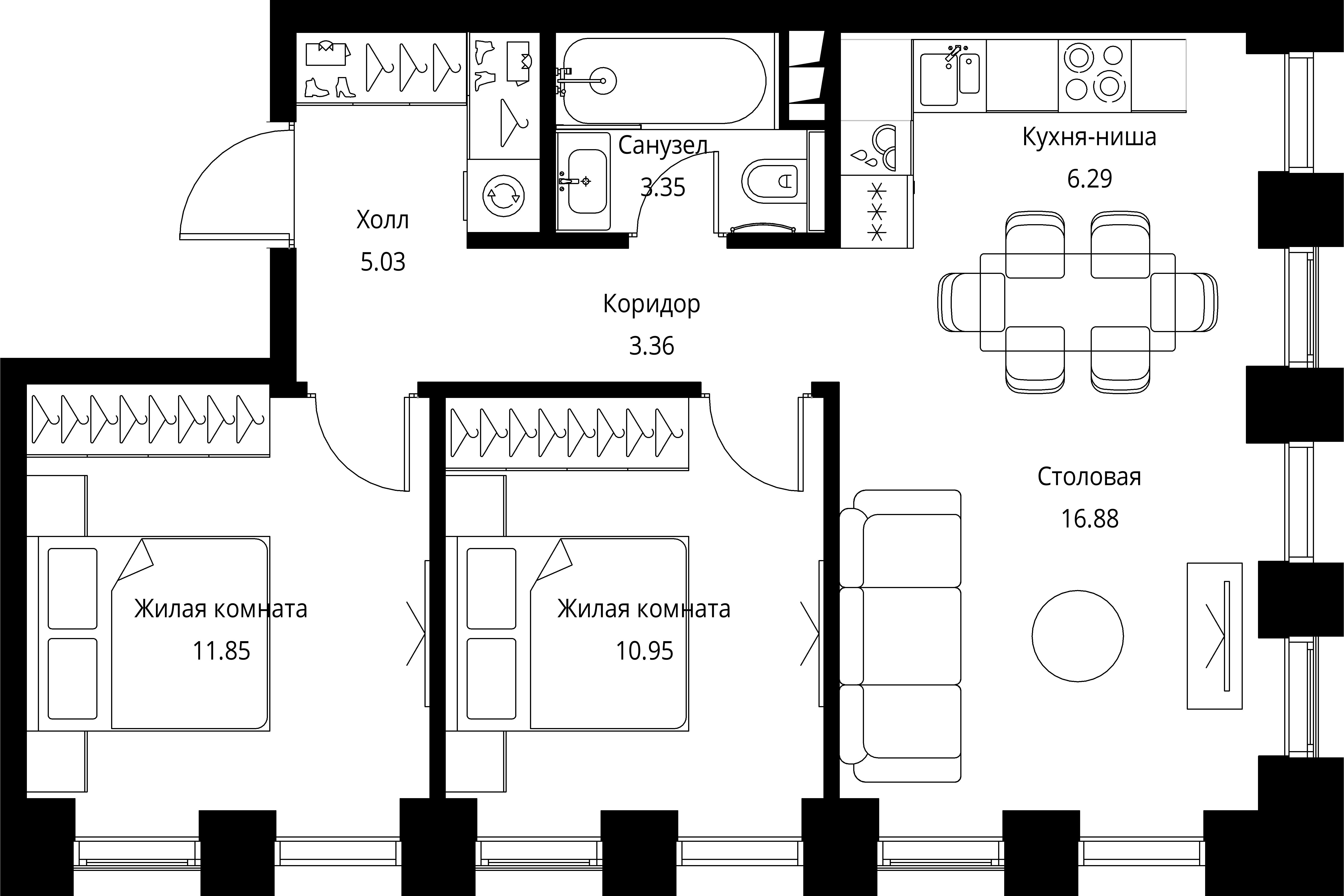 2 комн. квартира, 57.7 м², 2 этаж 