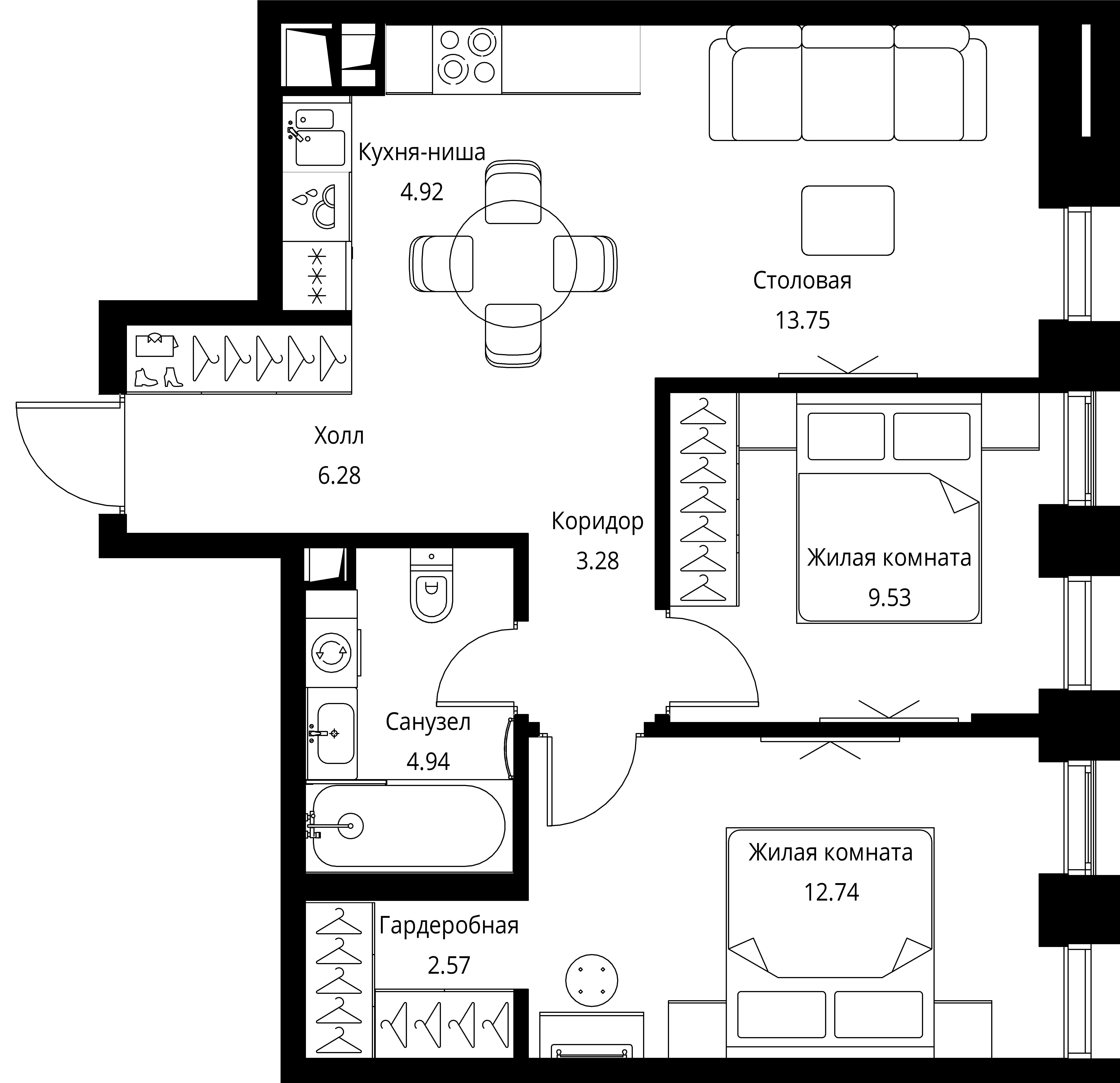 2 комн. квартира, 58 м², 24 этаж 