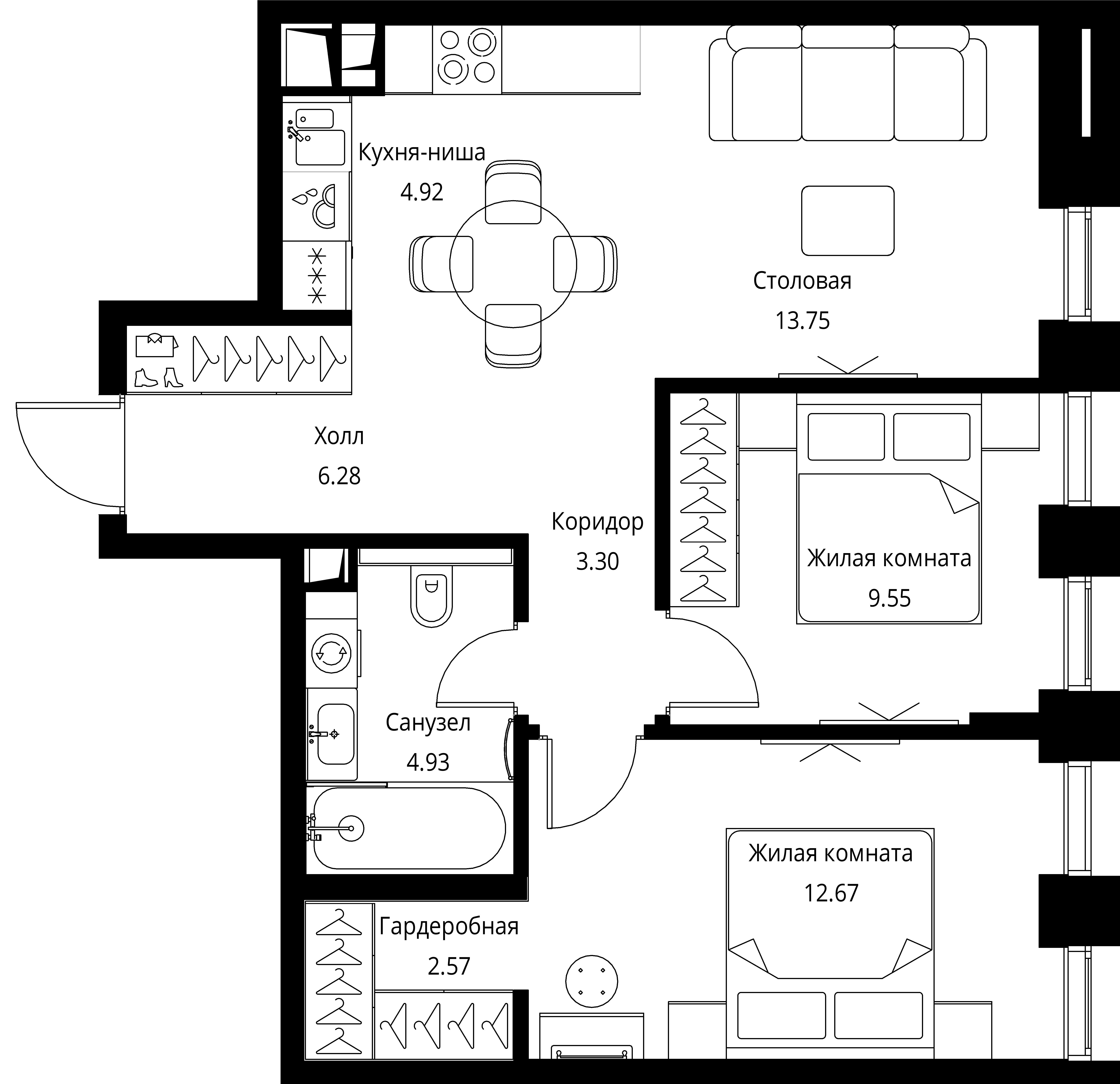 2 комн. квартира, 58 м², 21 этаж 