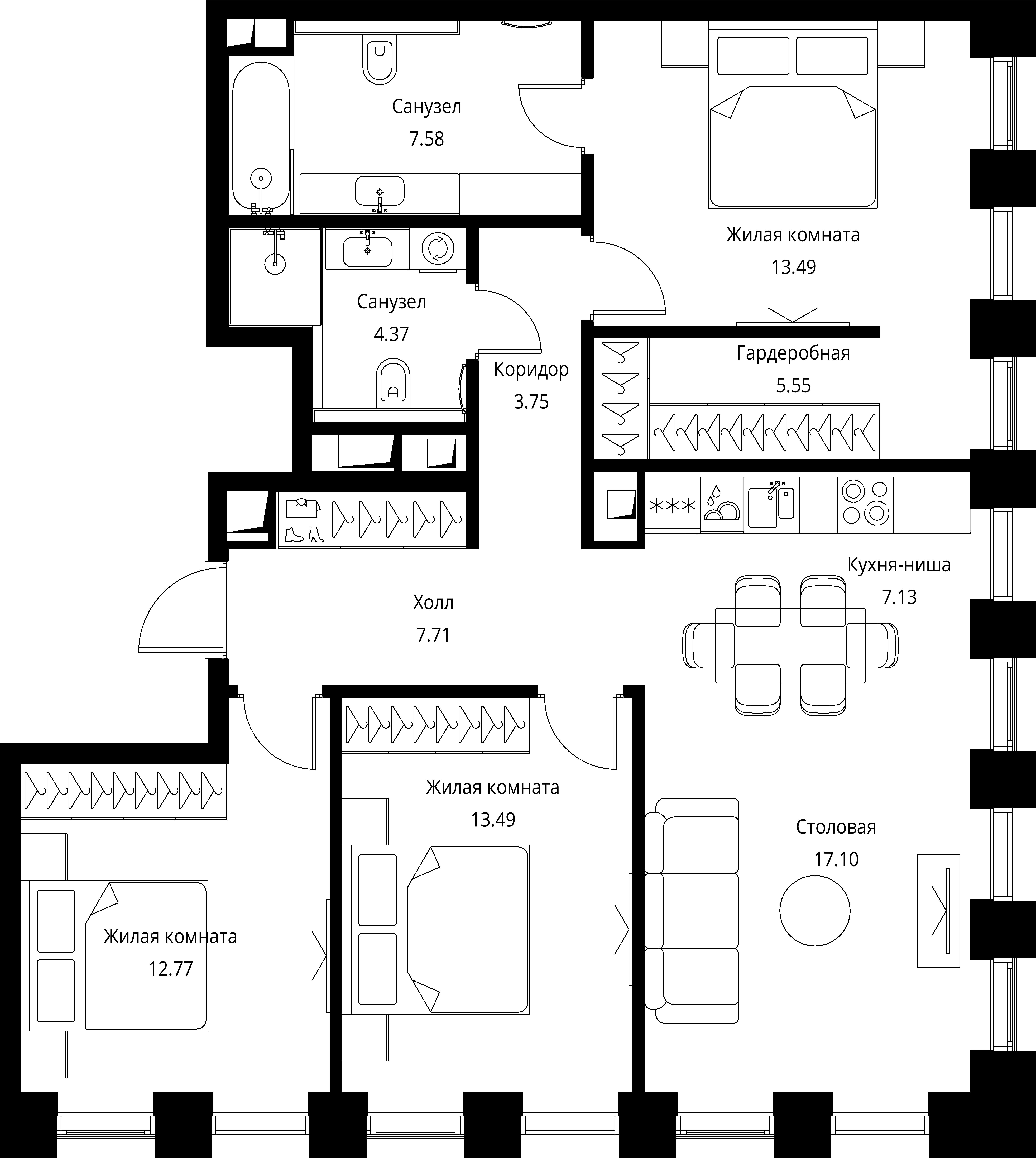 3 комн. квартира, 92.9 м², 24 этаж 