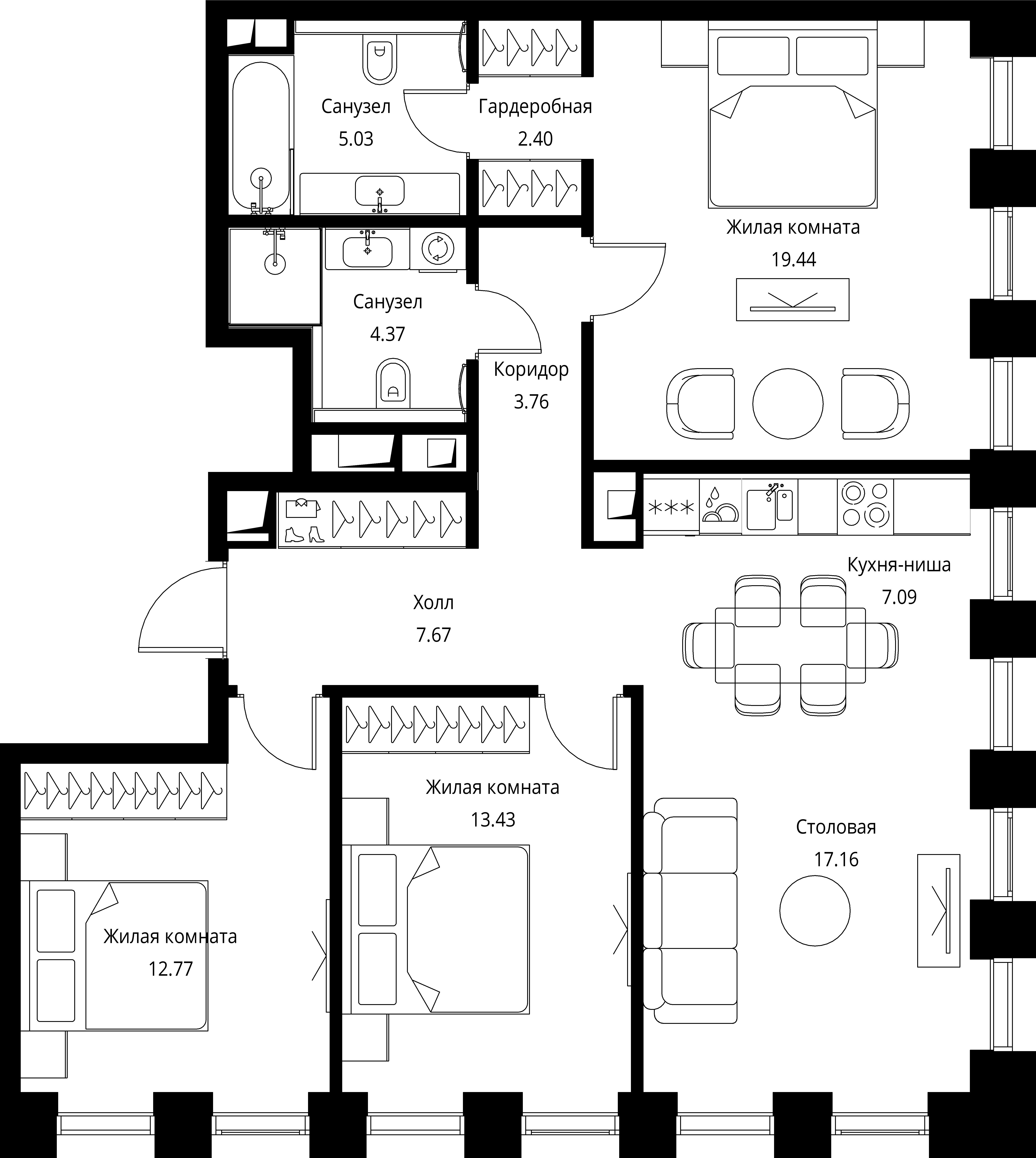 3 комн. квартира, 93.1 м², 21 этаж 