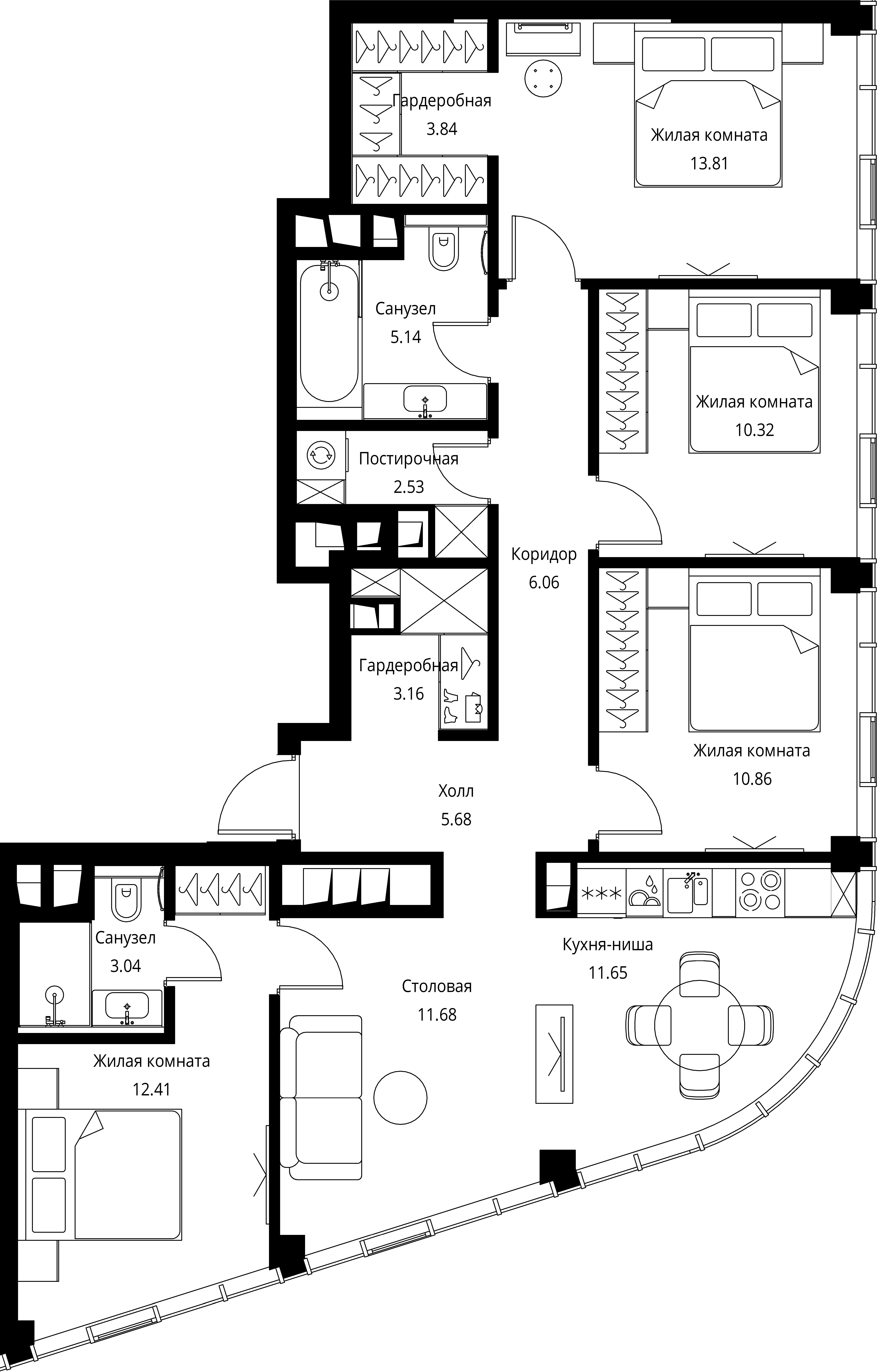 4 комн. квартира, 100.2 м², 44 этаж 