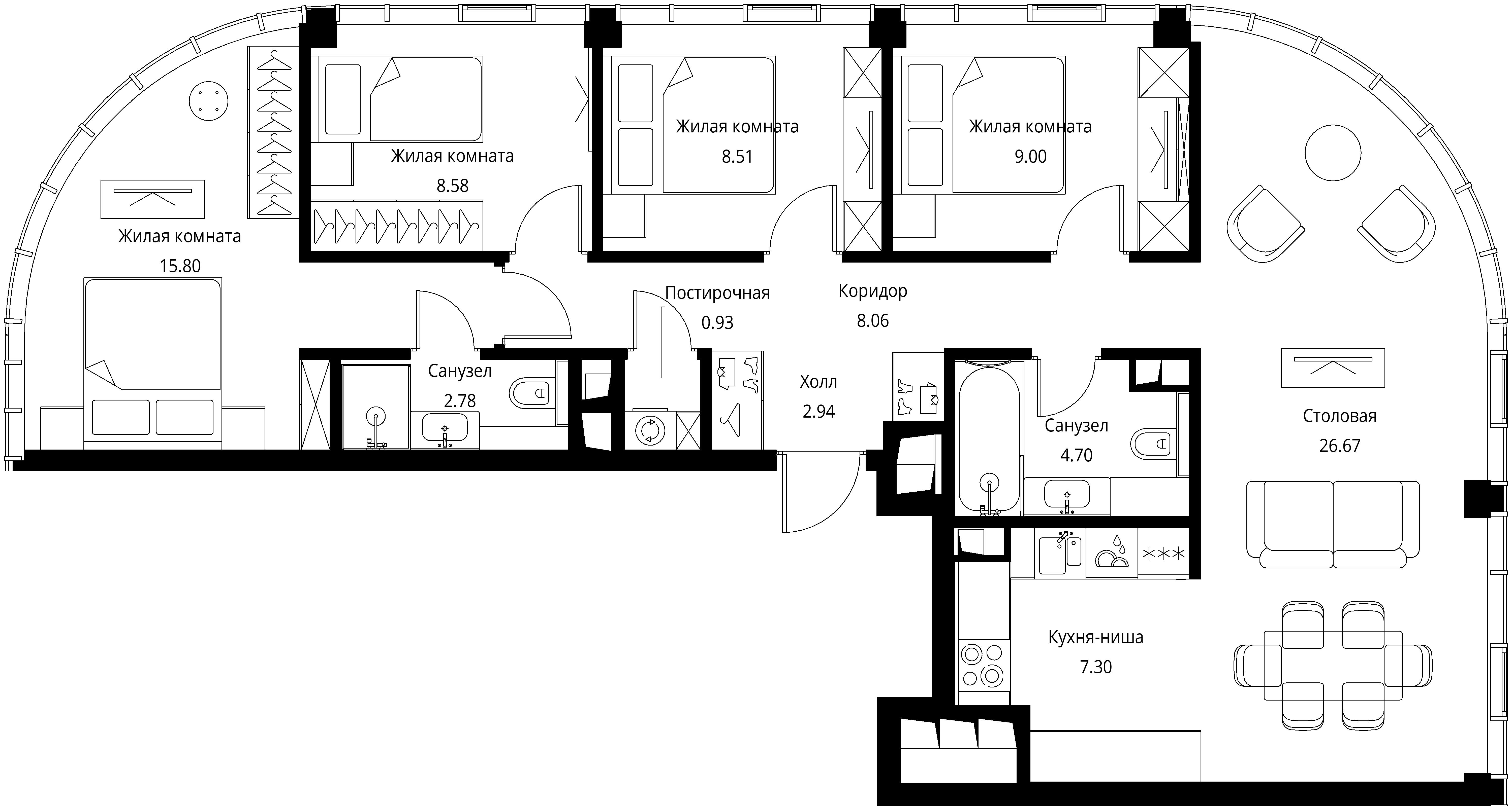 4 комн. квартира, 95.3 м², 46 этаж 