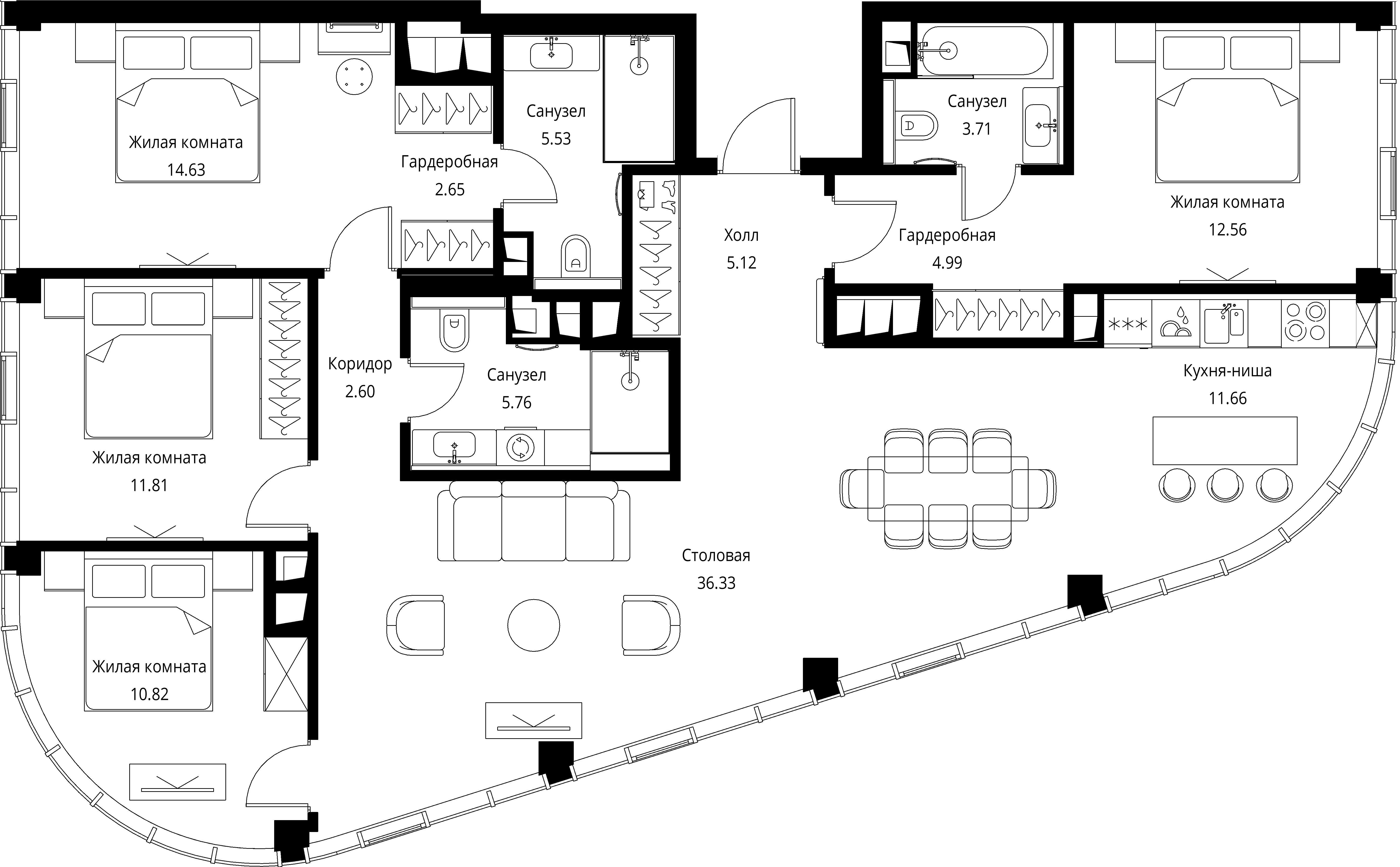 4 комн. квартира, 128.2 м², 48 этаж 