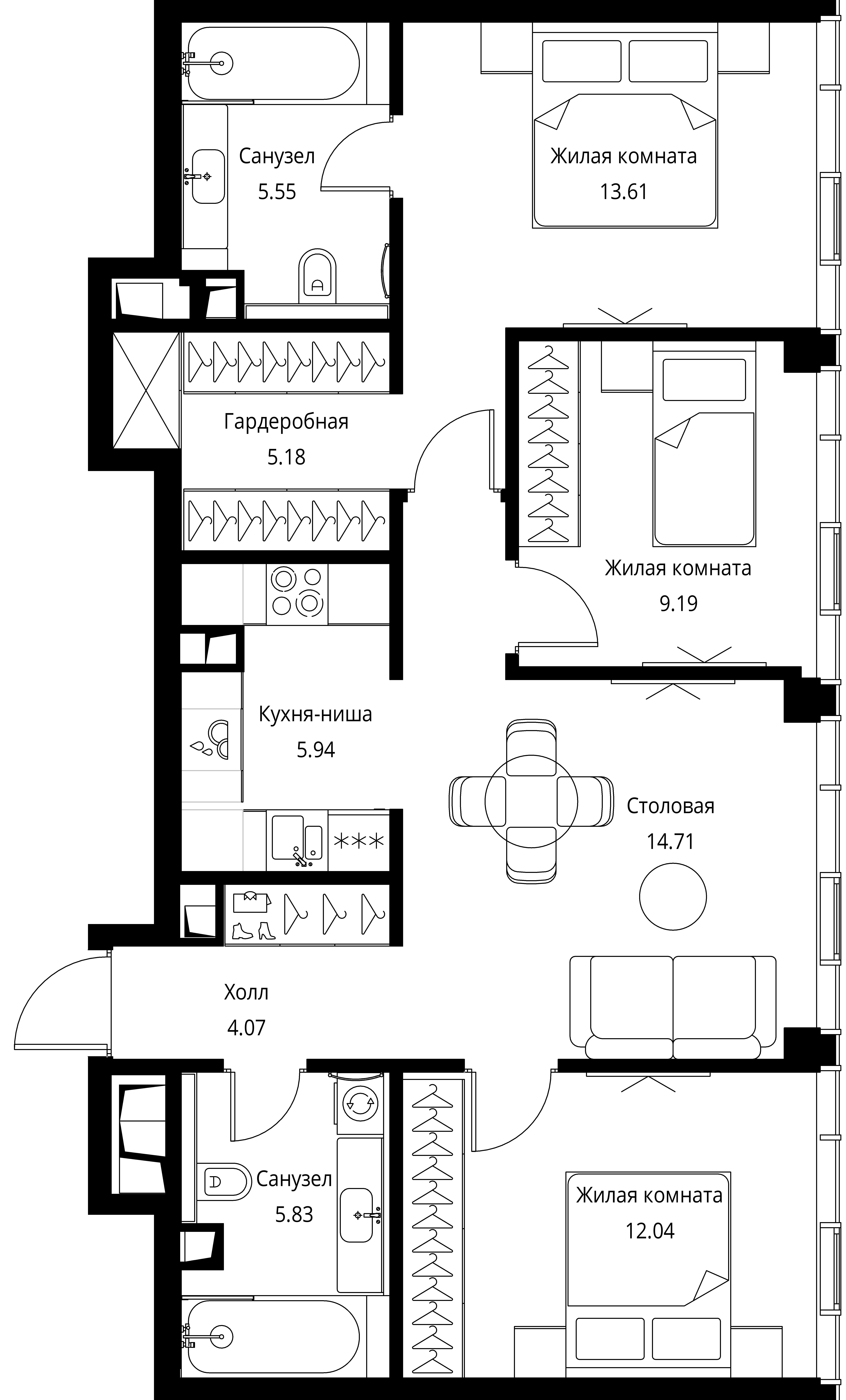 3 комн. квартира, 77.8 м², 43 этаж 