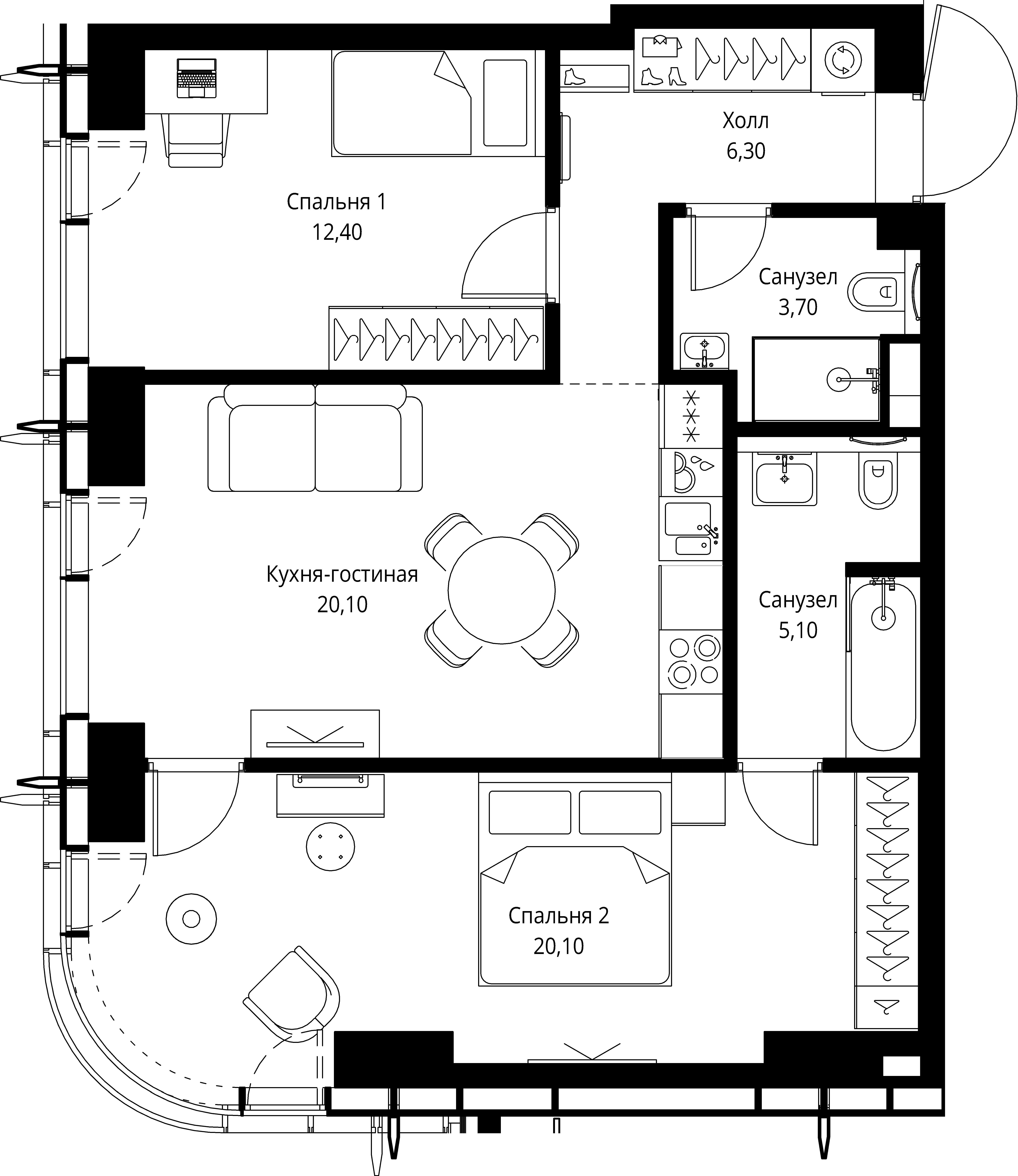 2 комн. квартира, 67.7 м², 5 этаж 