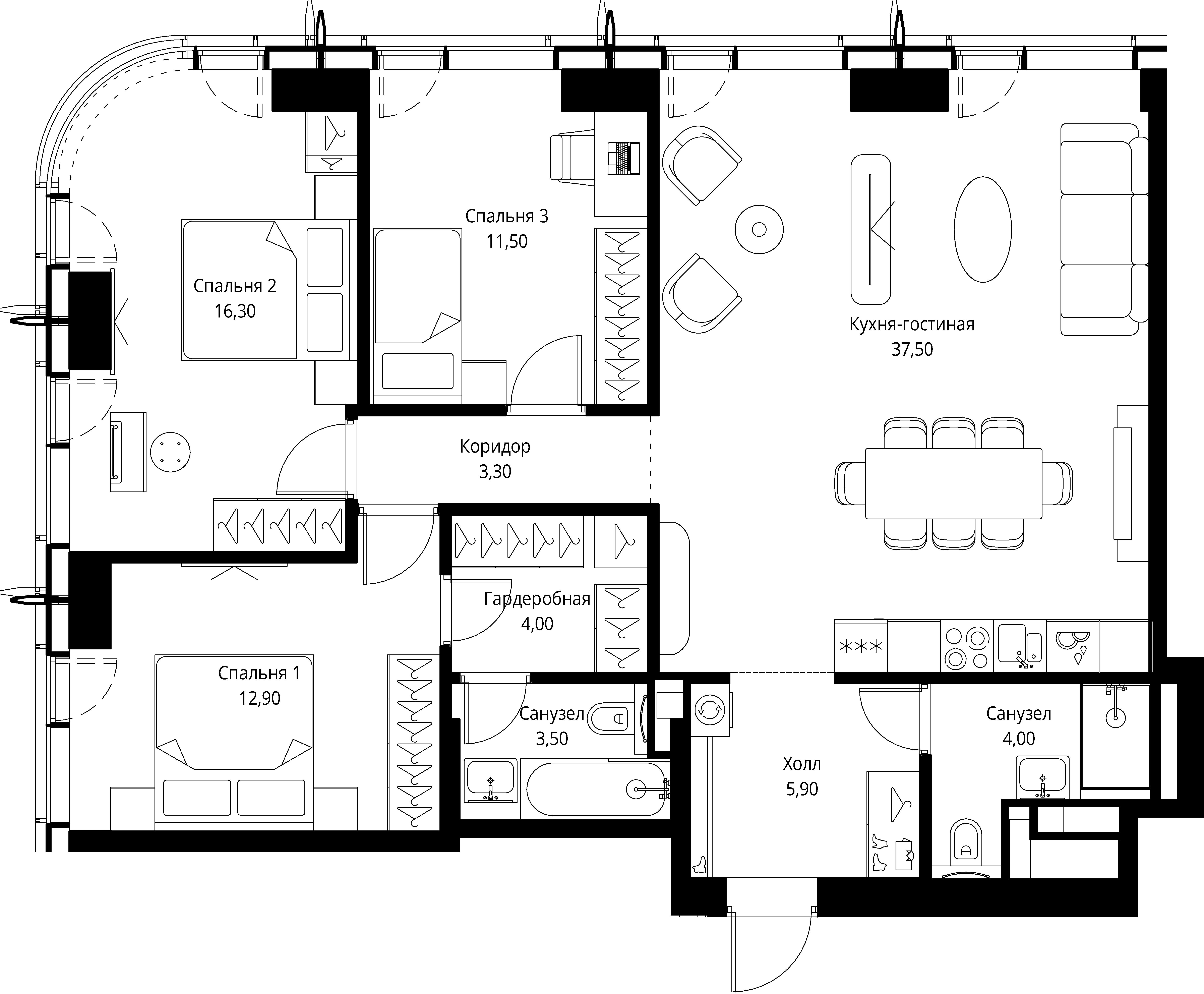 3 комн. квартира, 98.9 м², 9 этаж 