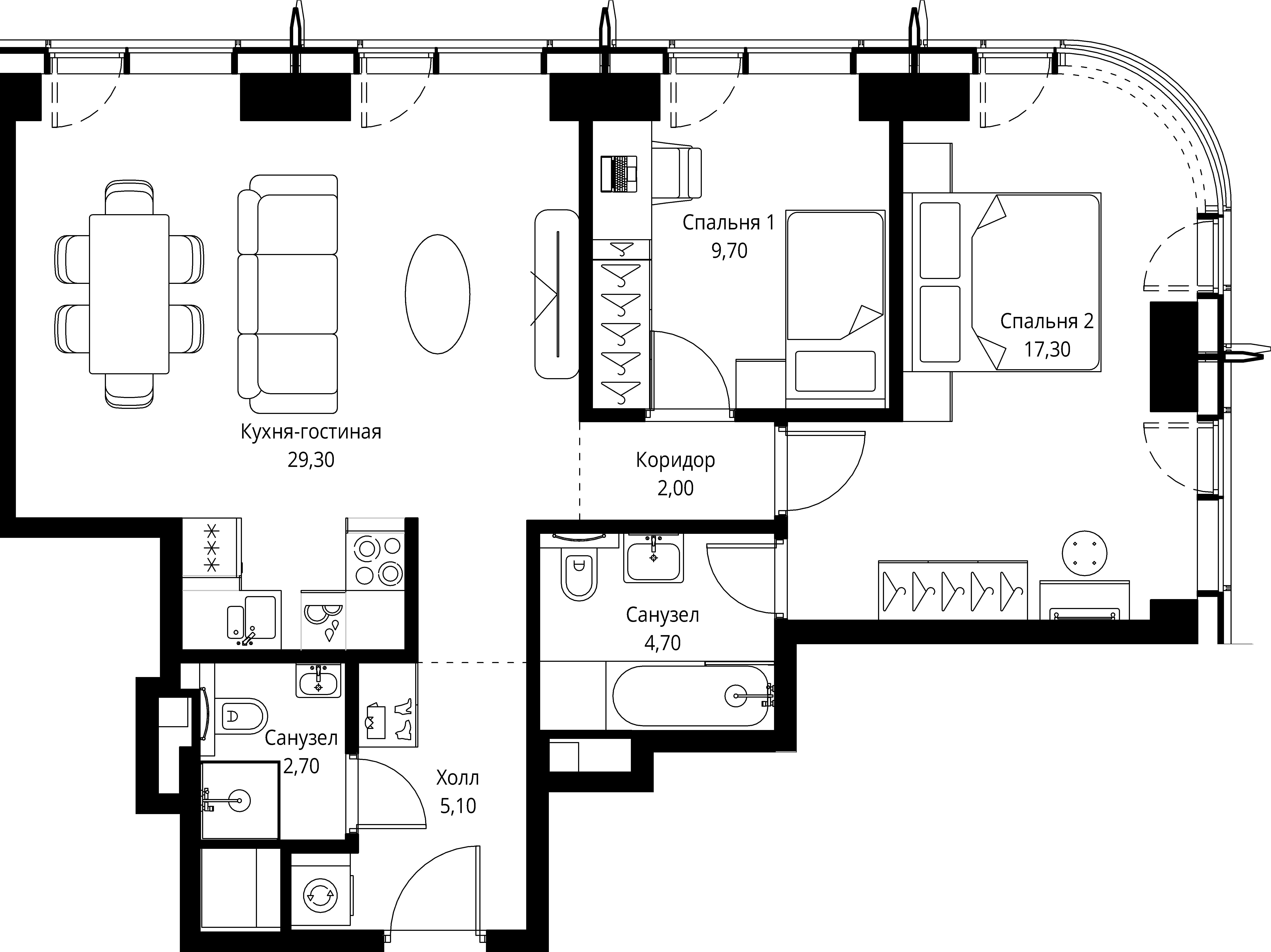 2 комн. квартира, 70.8 м², 15 этаж 
