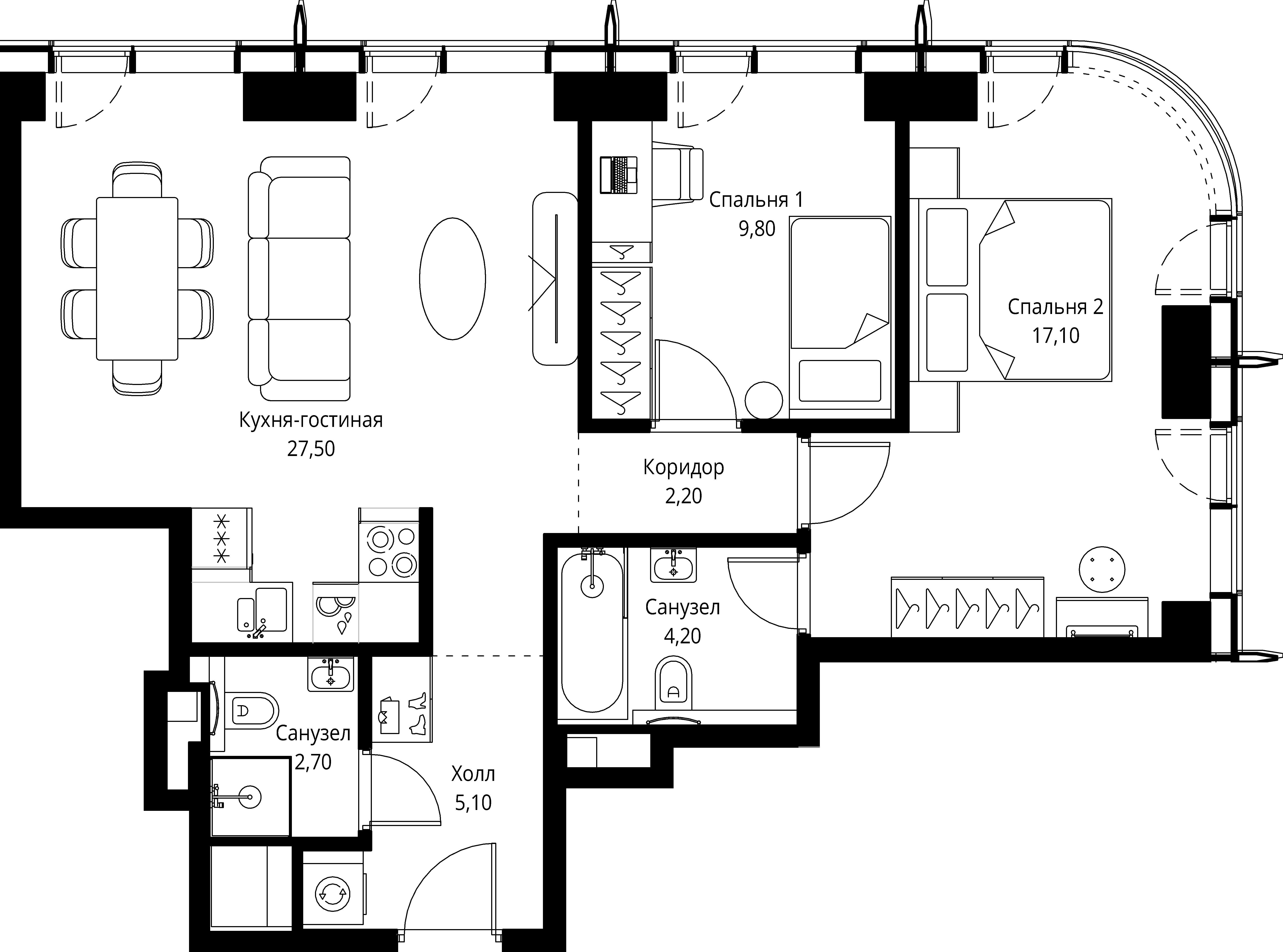 2 комн. квартира, 68.6 м², 18 этаж 