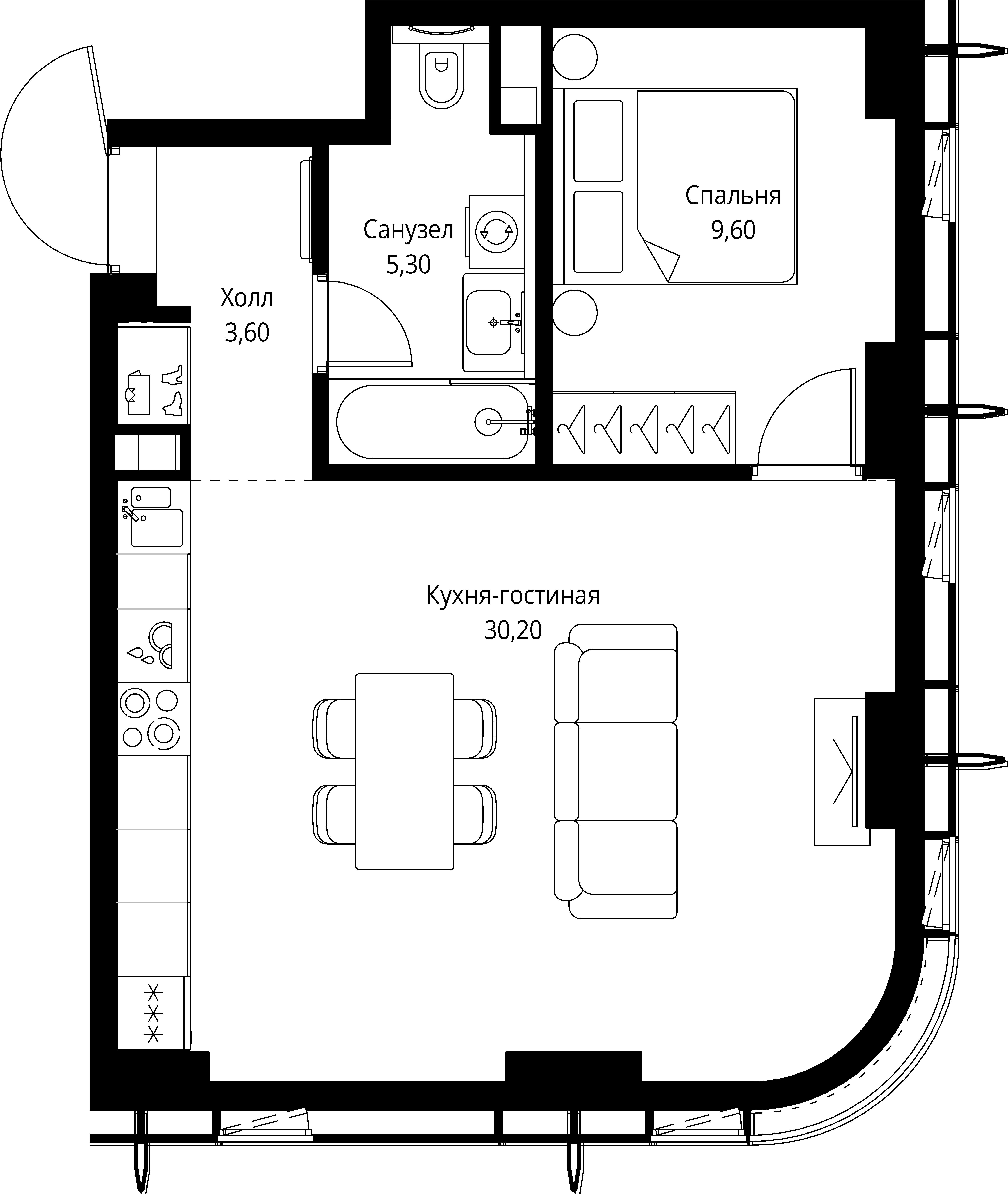 1 комн. квартира, 48.7 м², 21 этаж 
