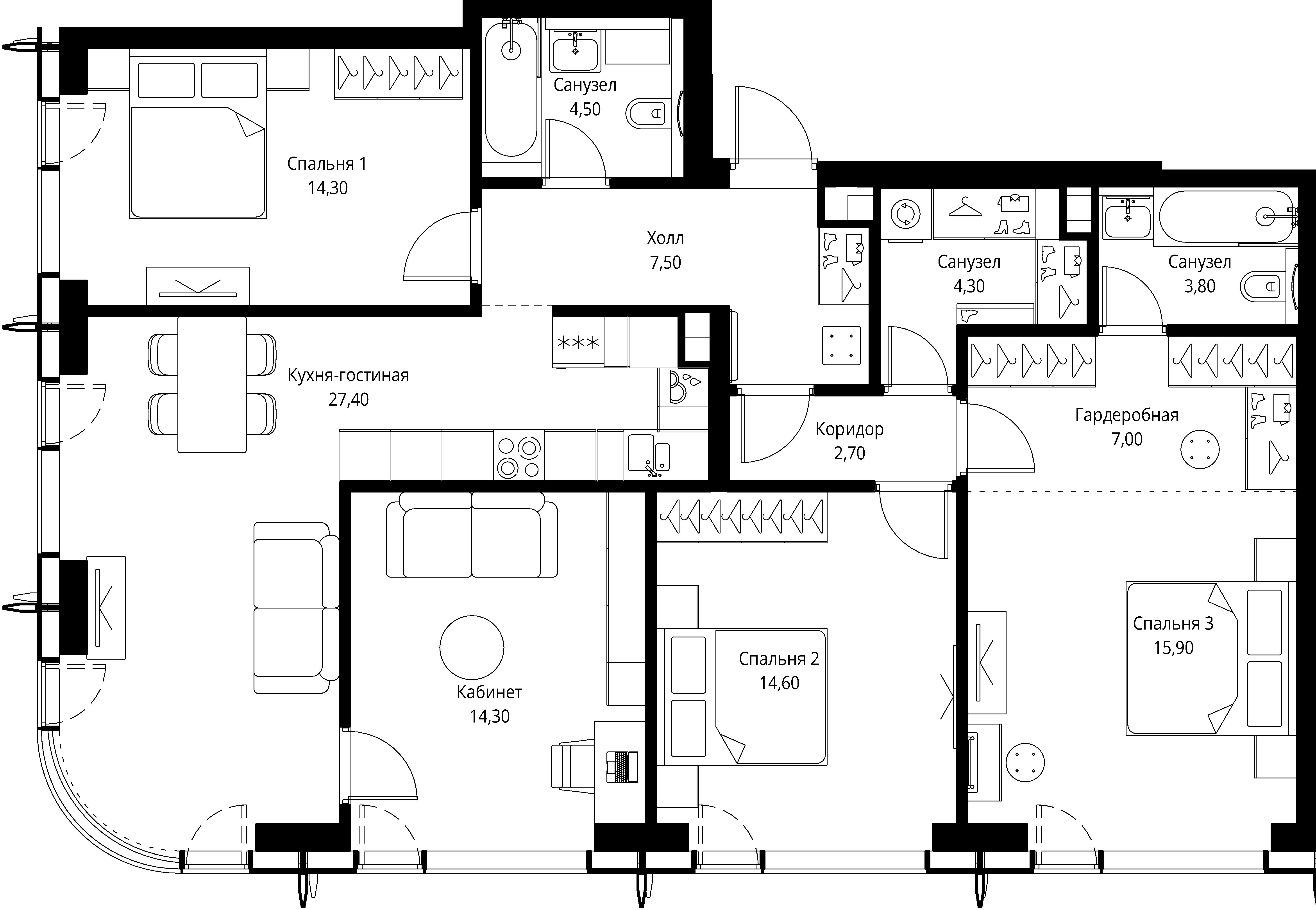 4 комн. квартира, 116.3 м², 53 этаж 