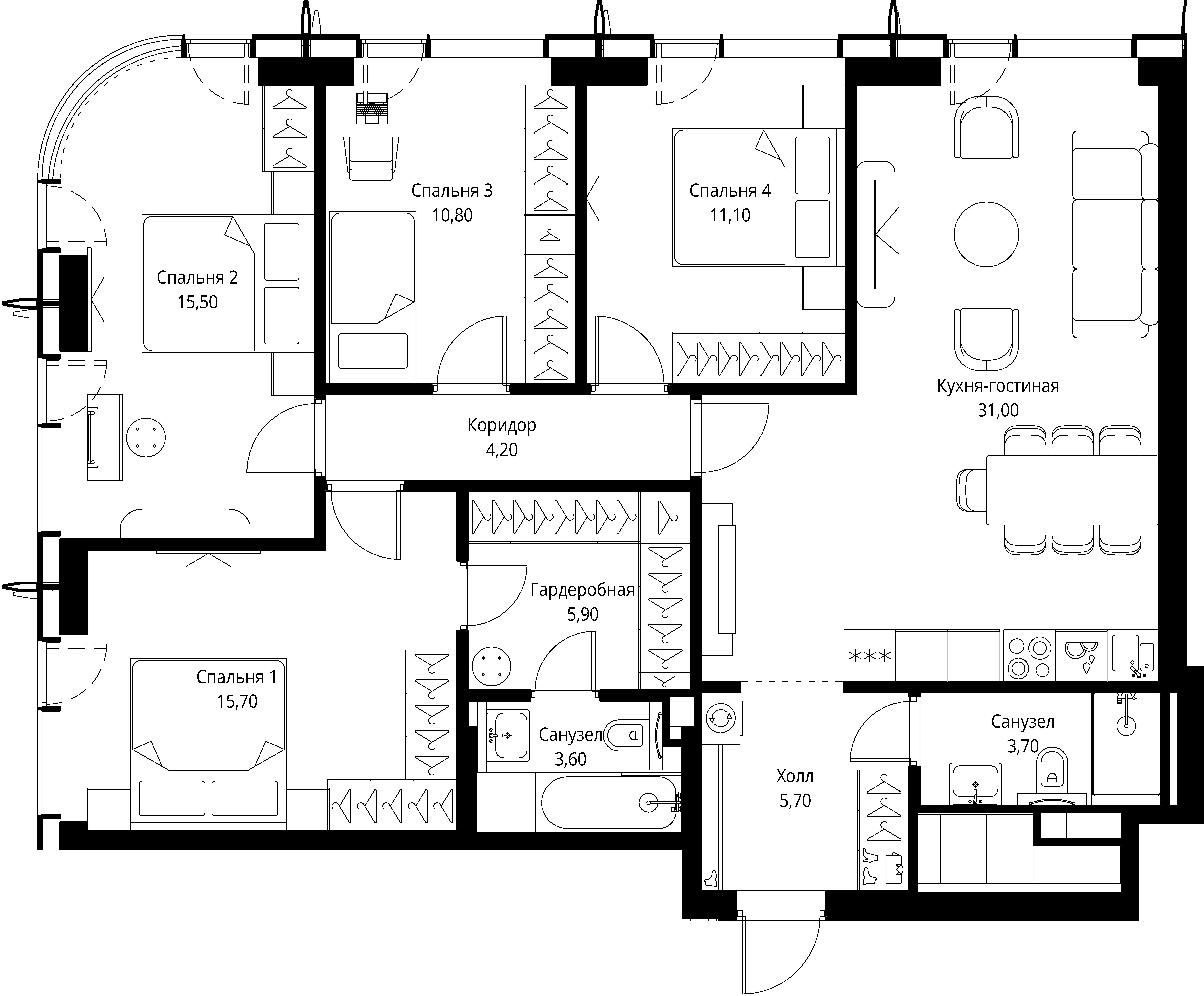 4 комн. квартира, 107.2 м², 53 этаж 