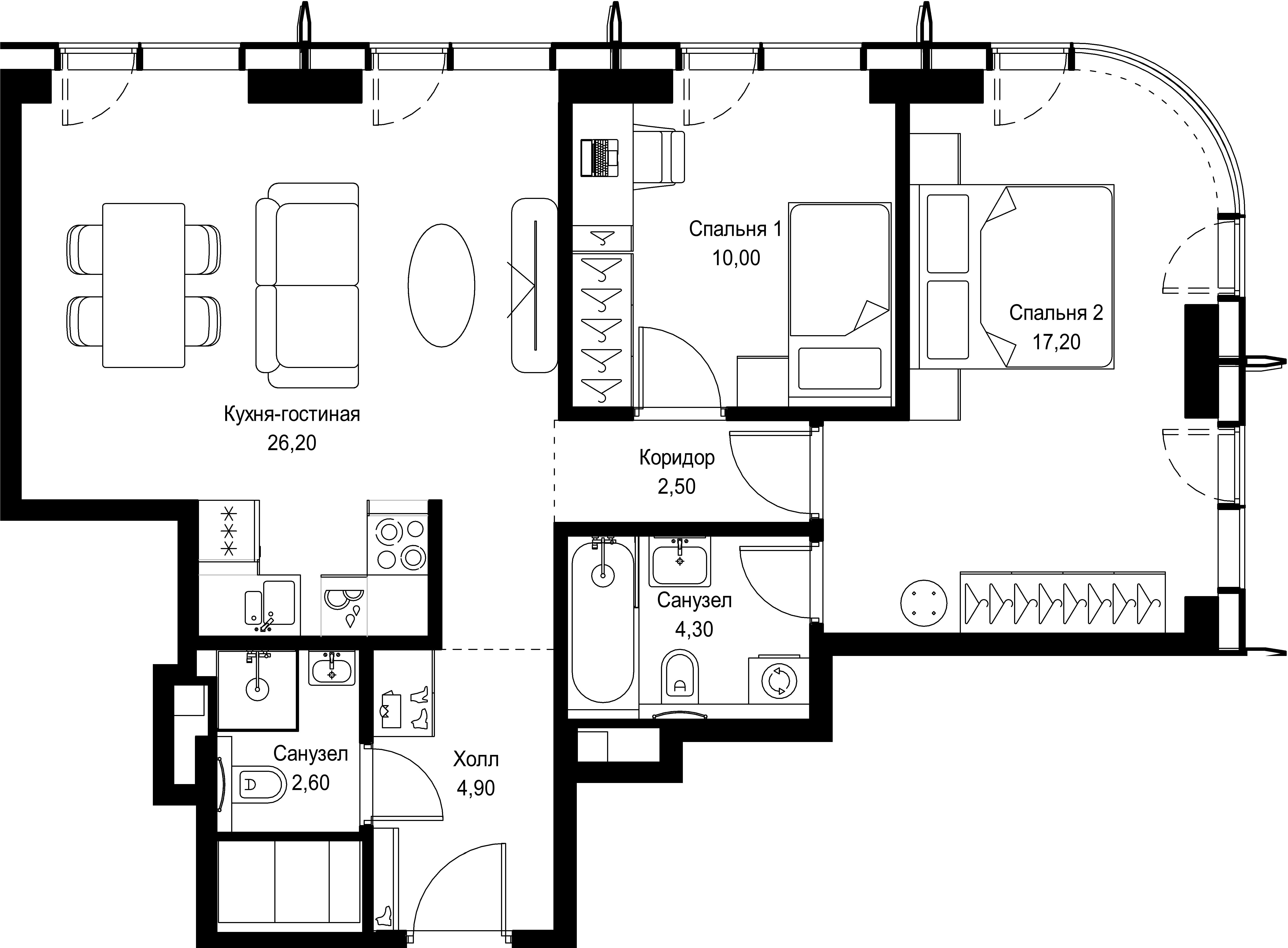 2 комн. квартира, 67.7 м², 36 этаж 