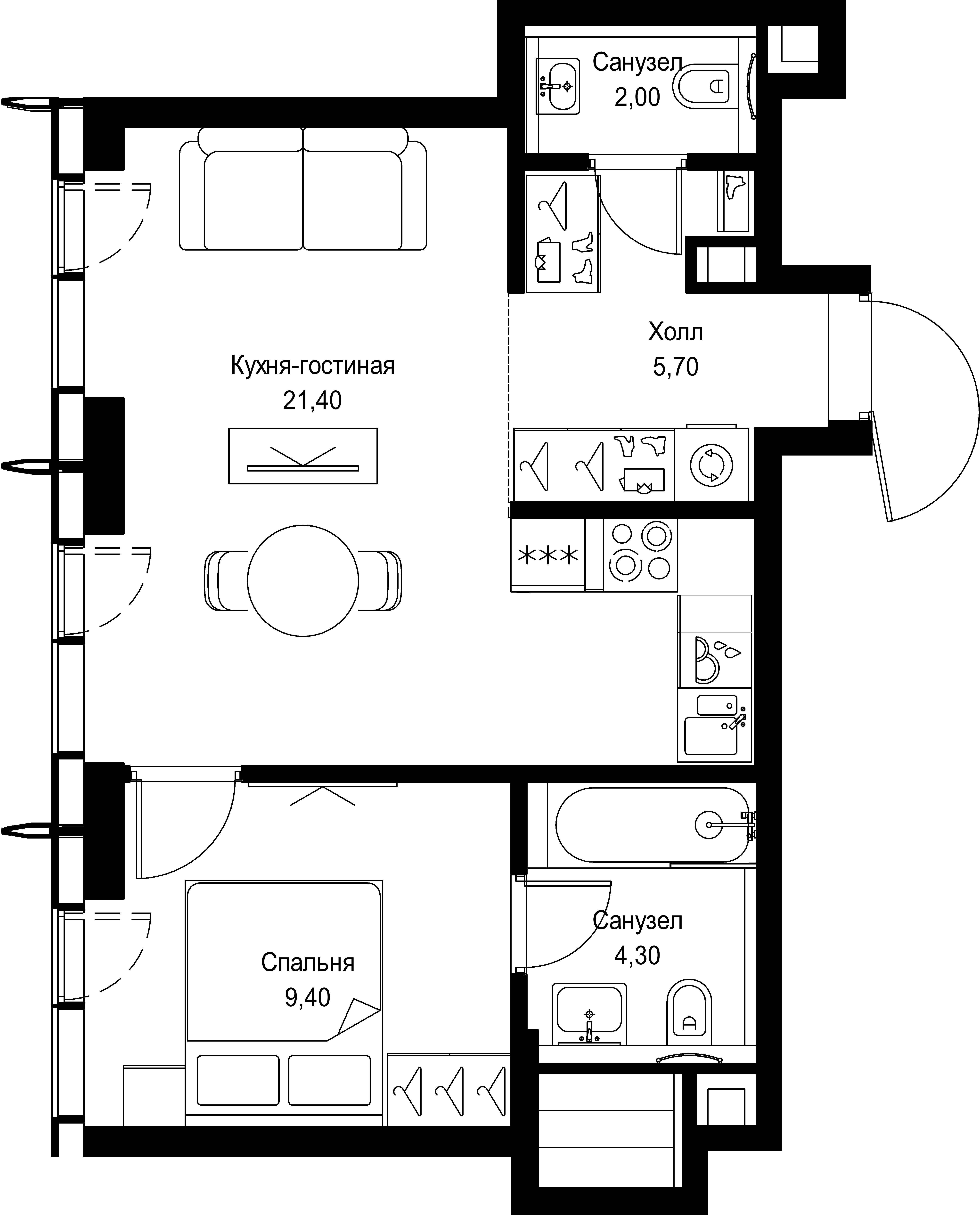 1 комн. квартира, 42.8 м², 36 этаж 