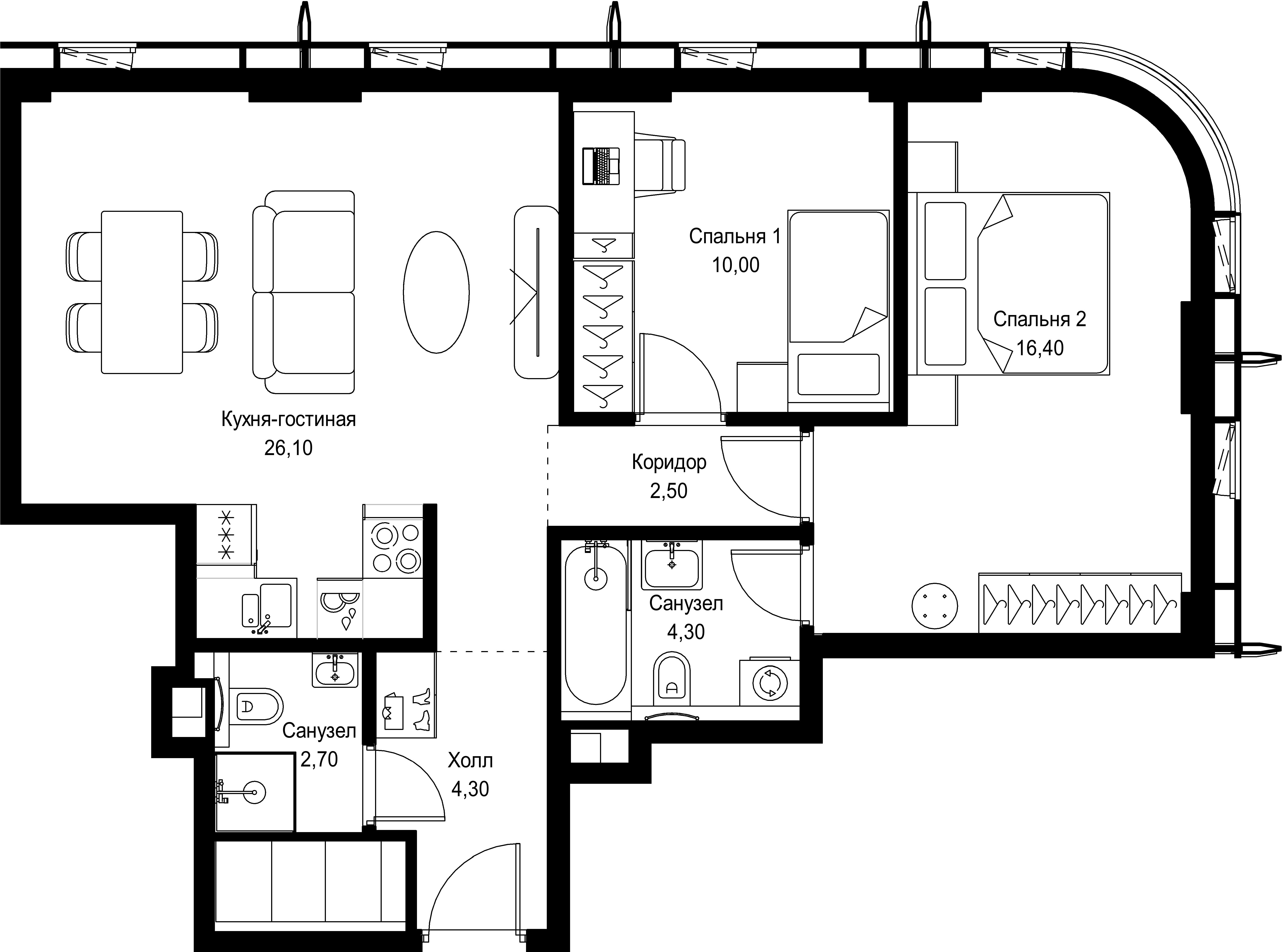 2 комн. квартира, 66.3 м², 39 этаж 