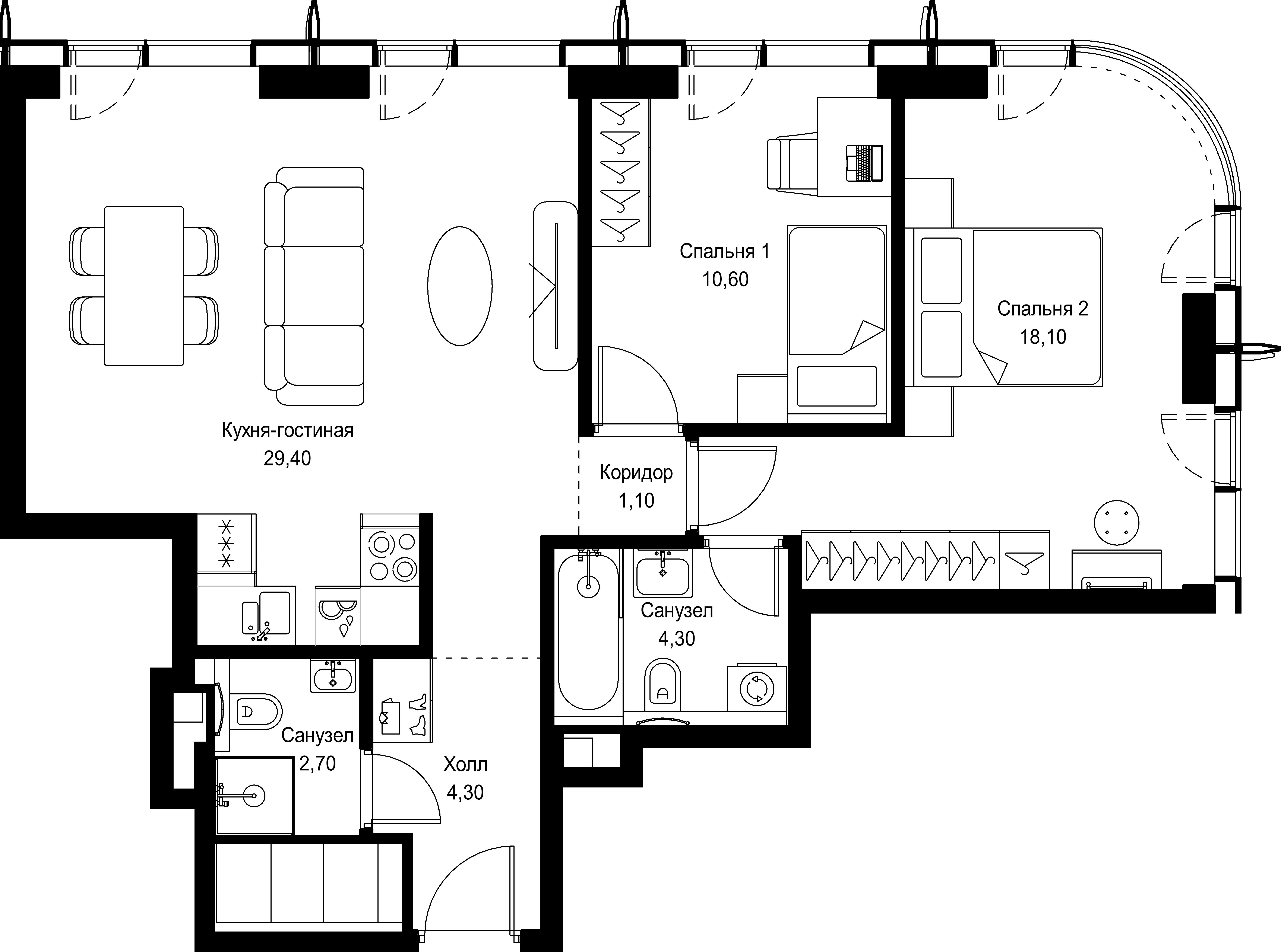 2 комн. квартира, 70.5 м², 43 этаж 
