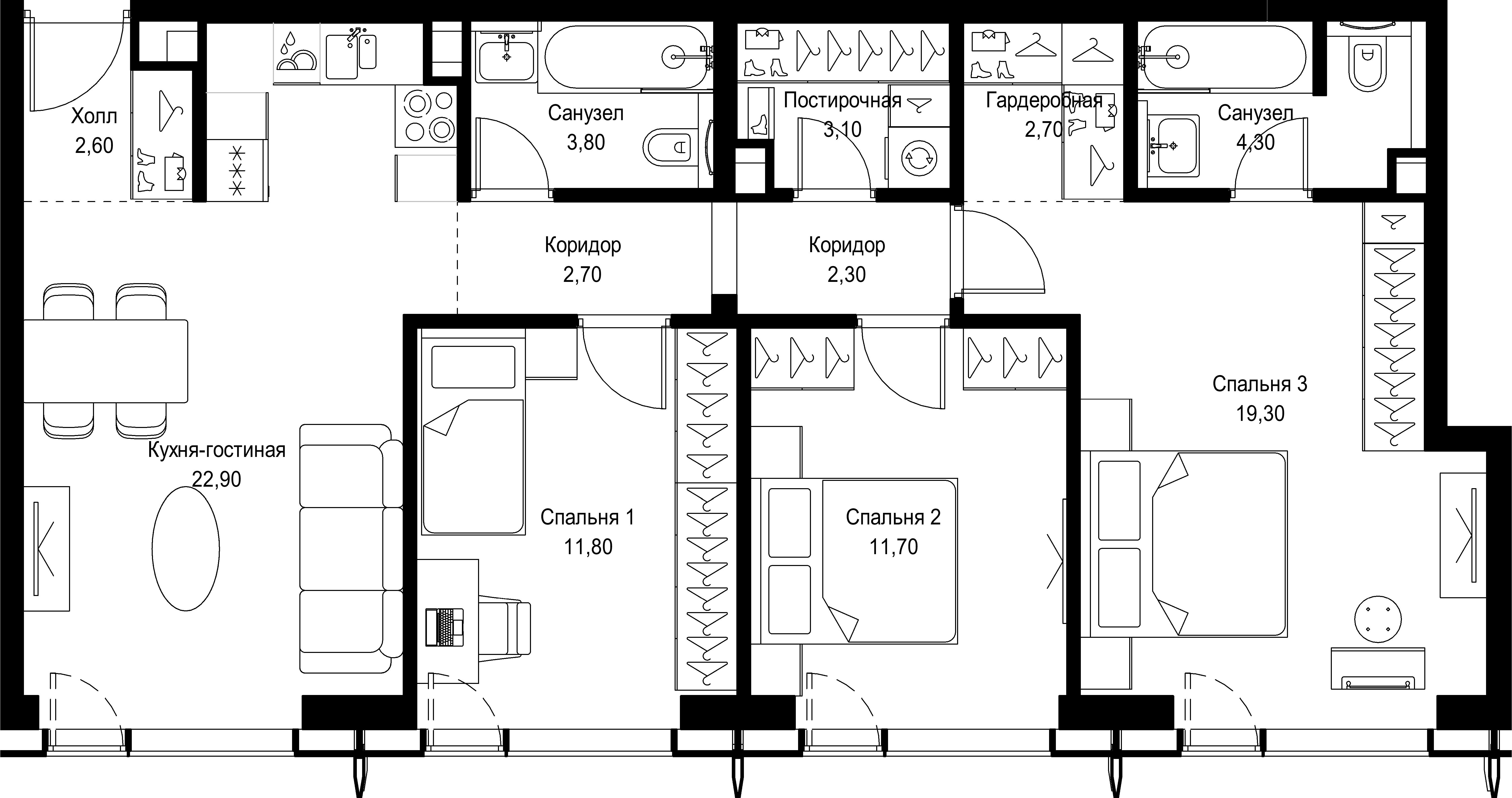 3 комн. квартира, 87.2 м², 43 этаж 