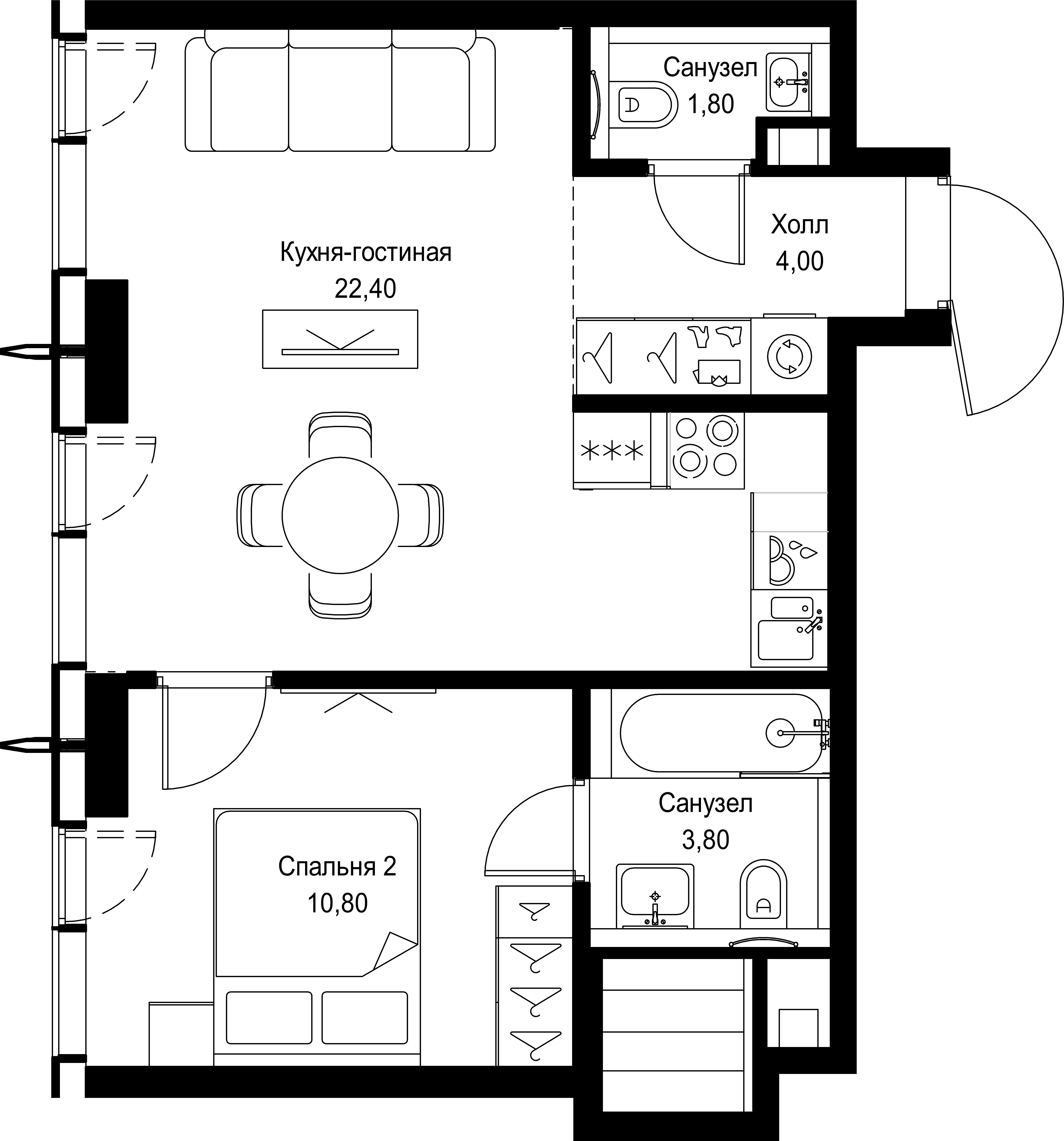 1 комн. квартира, 42.8 м², 43 этаж 