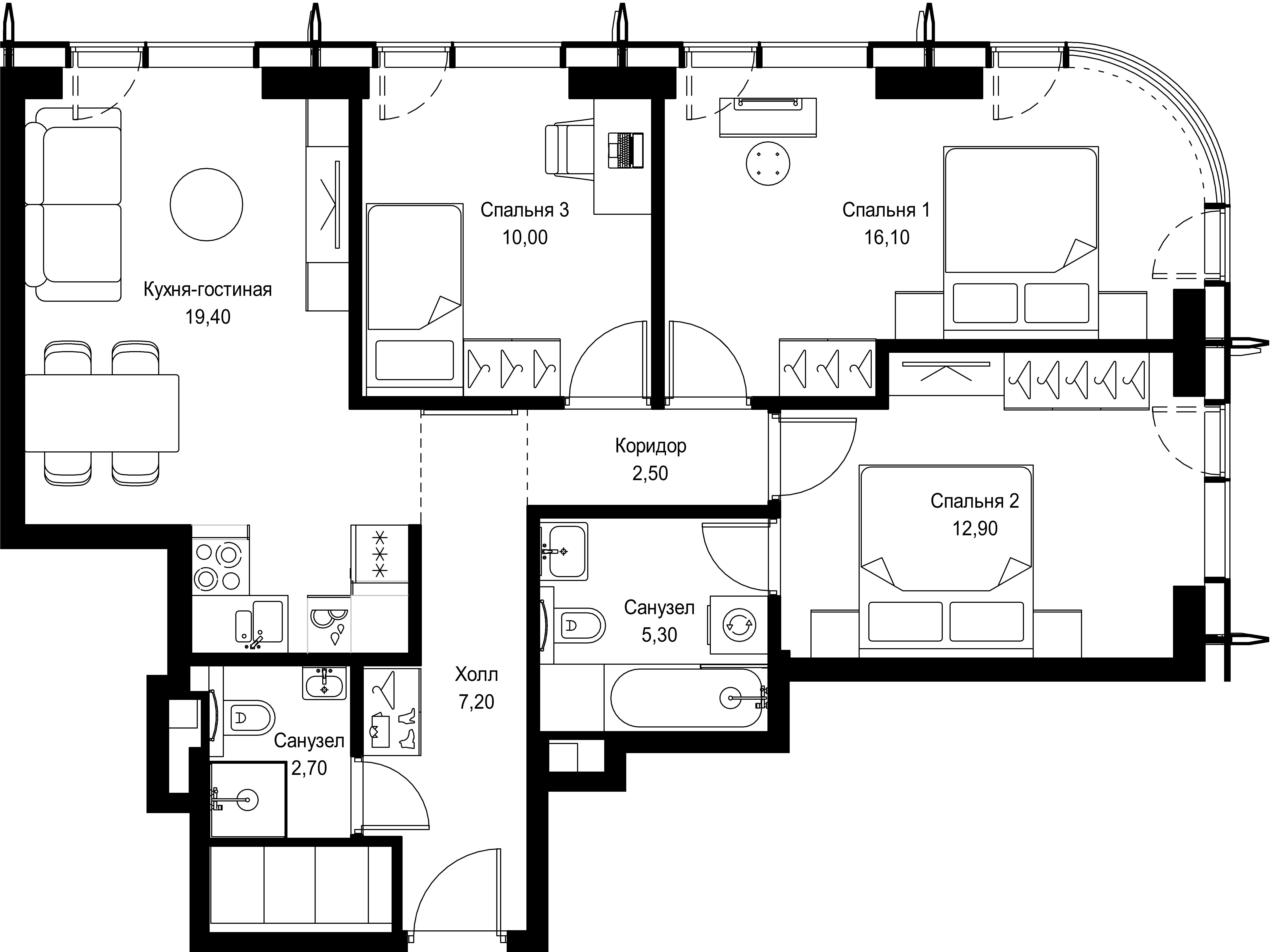 3 комн. квартира, 76.1 м², 46 этаж 