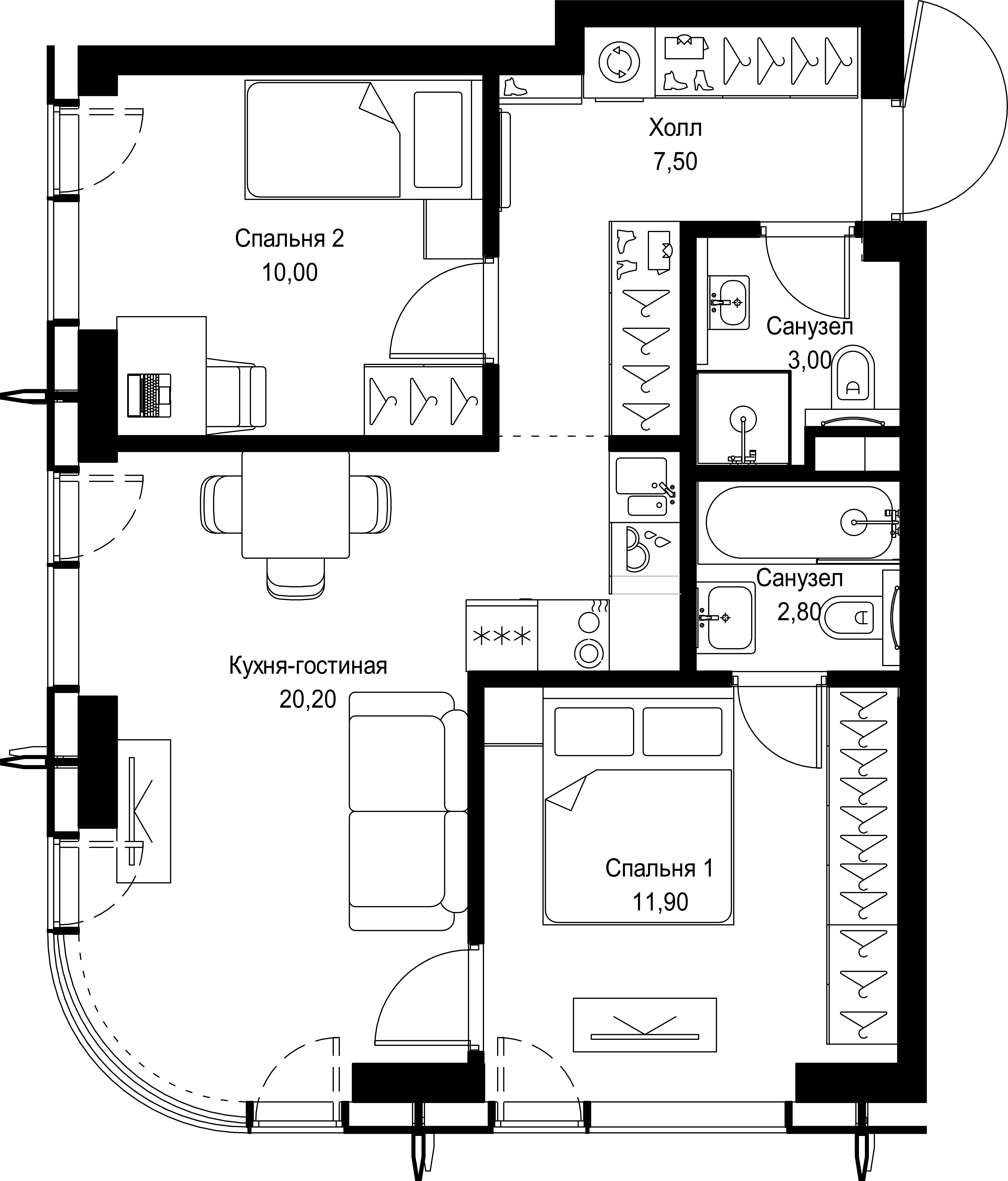 2 комн. квартира, 55.4 м², 46 этаж 