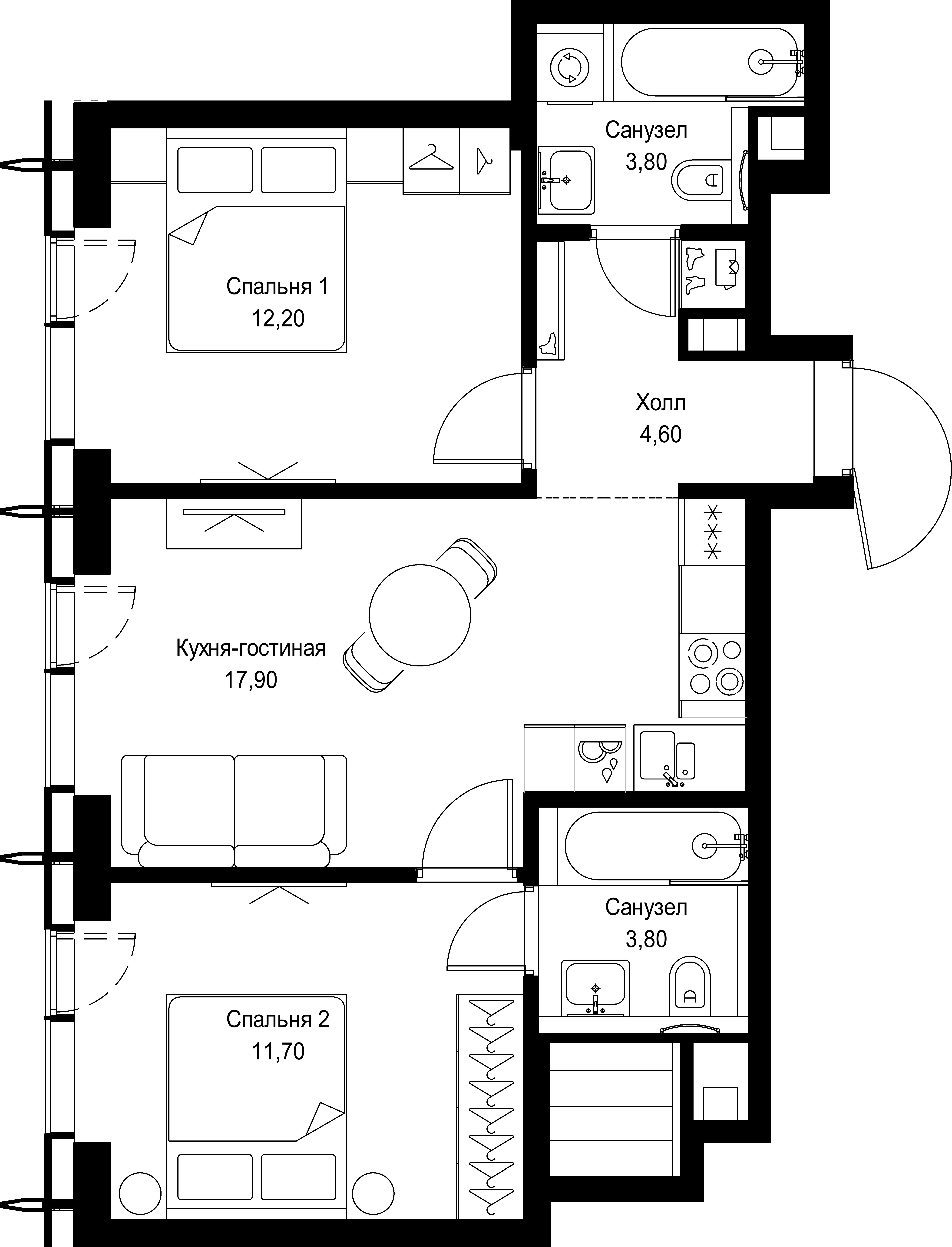 2 комн. квартира, 54 м², 46 этаж 