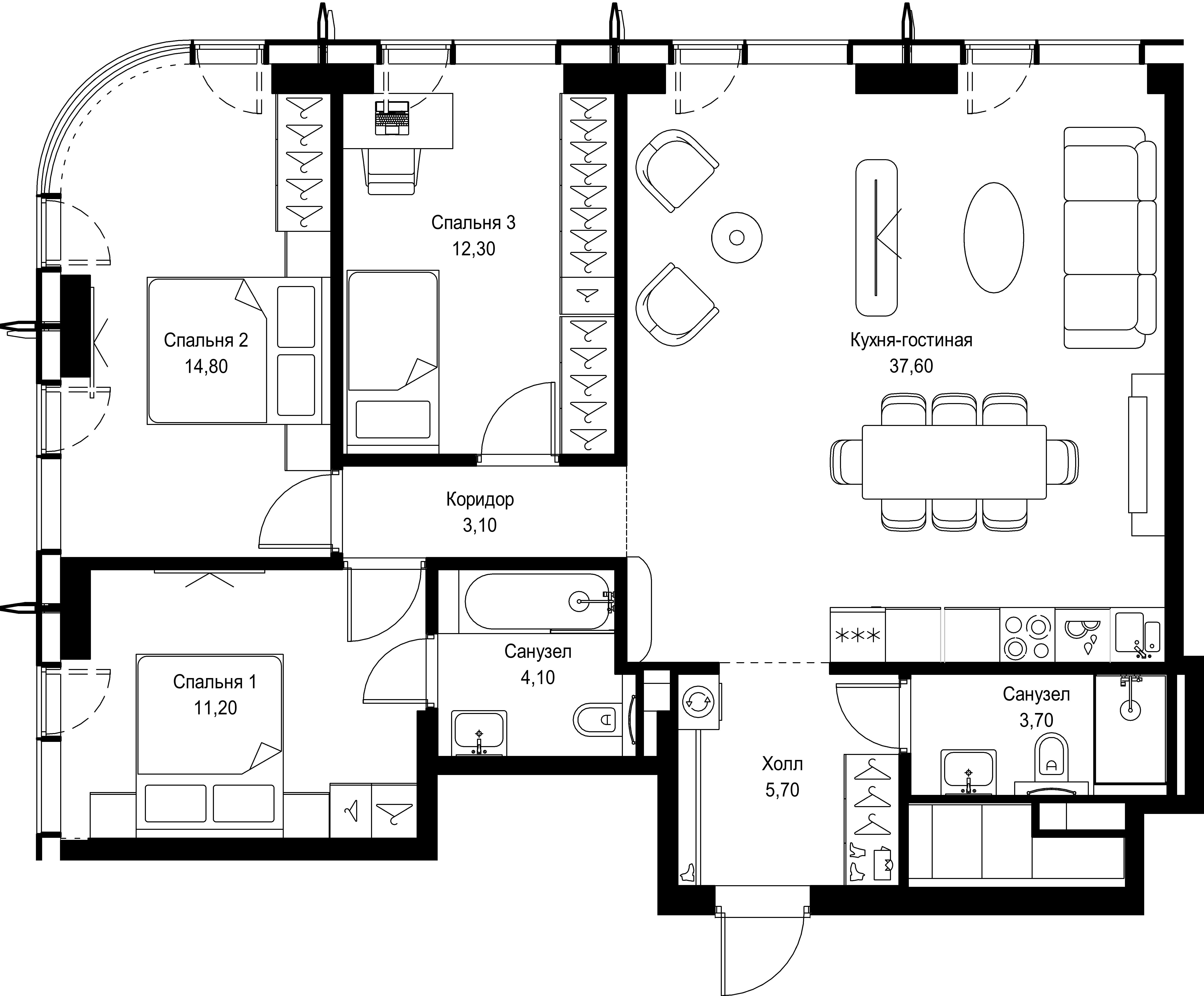 3 комн. квартира, 92.5 м², 46 этаж 
