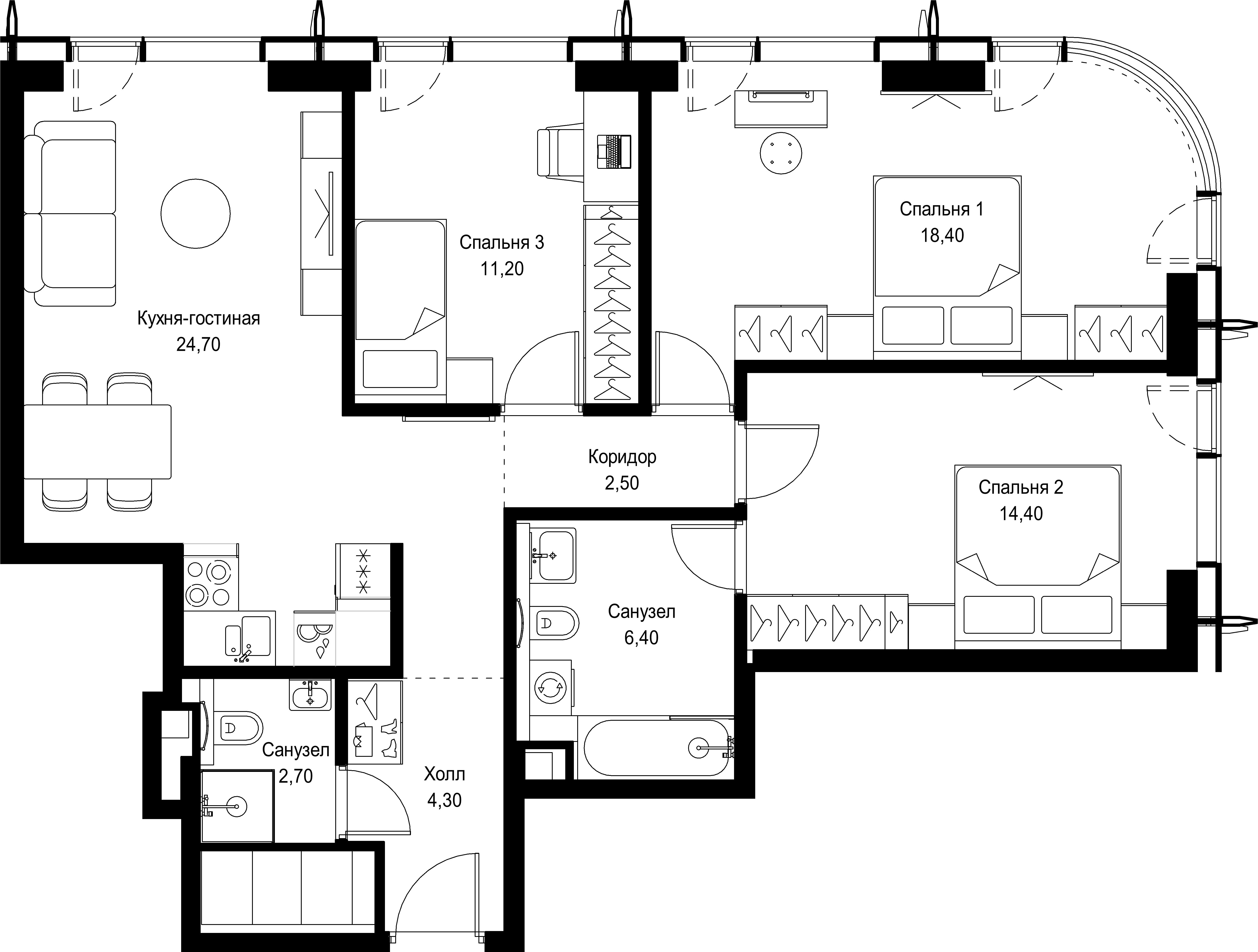 3 комн. квартира, 84.6 м², 51 этаж 