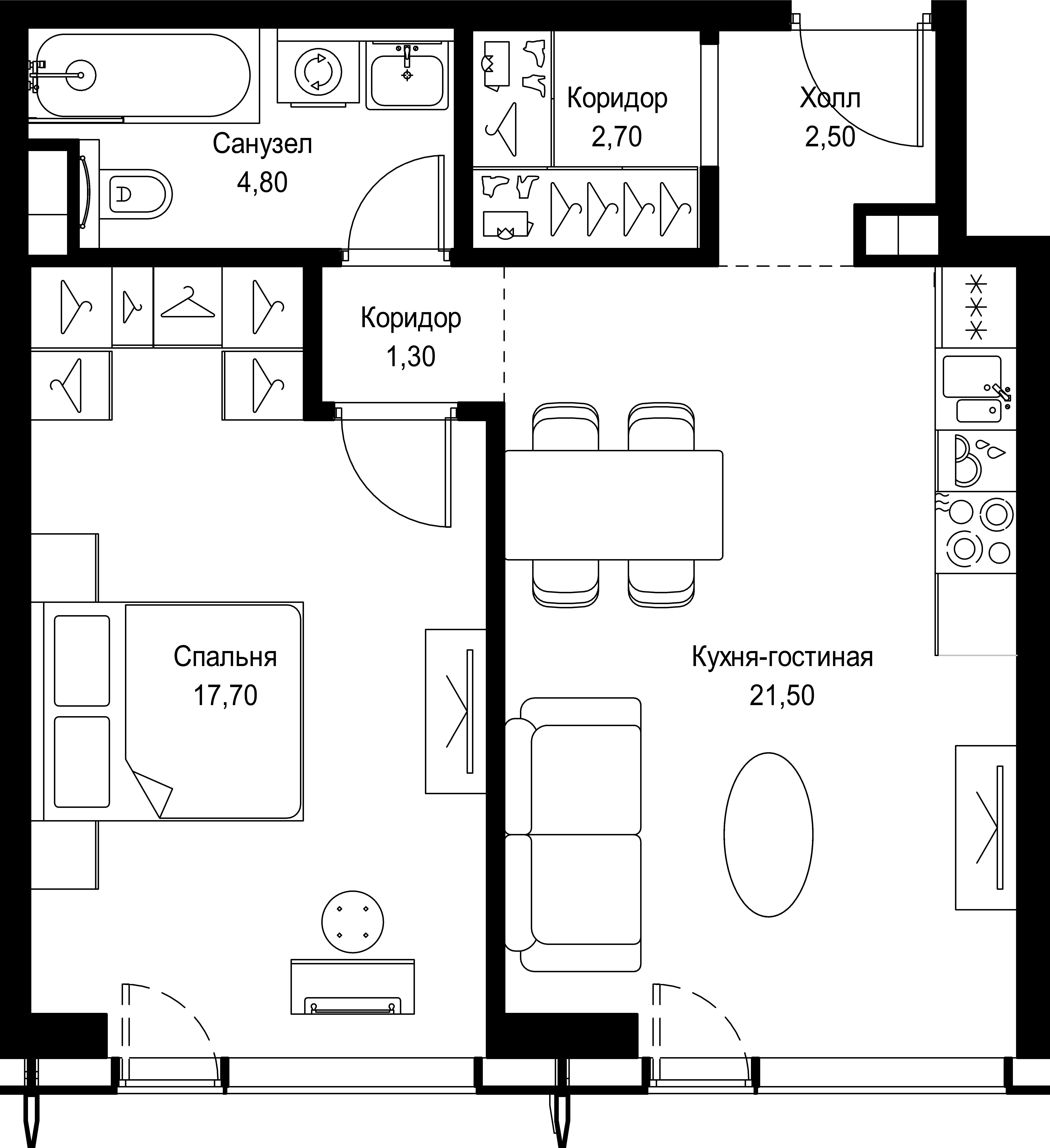 1 комн. квартира, 50.5 м², 51 этаж 