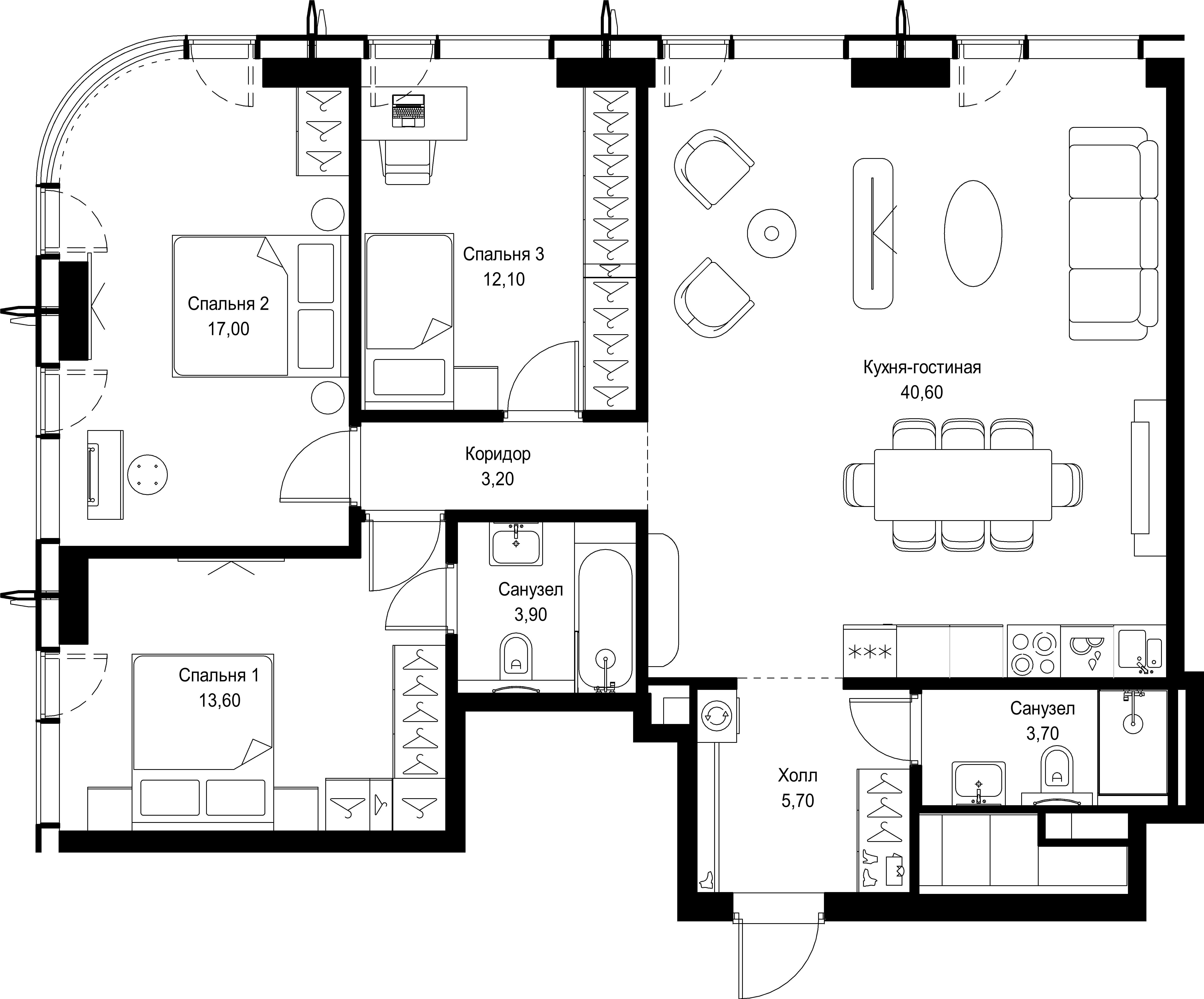 3 комн. квартира, 99.8 м², 51 этаж 