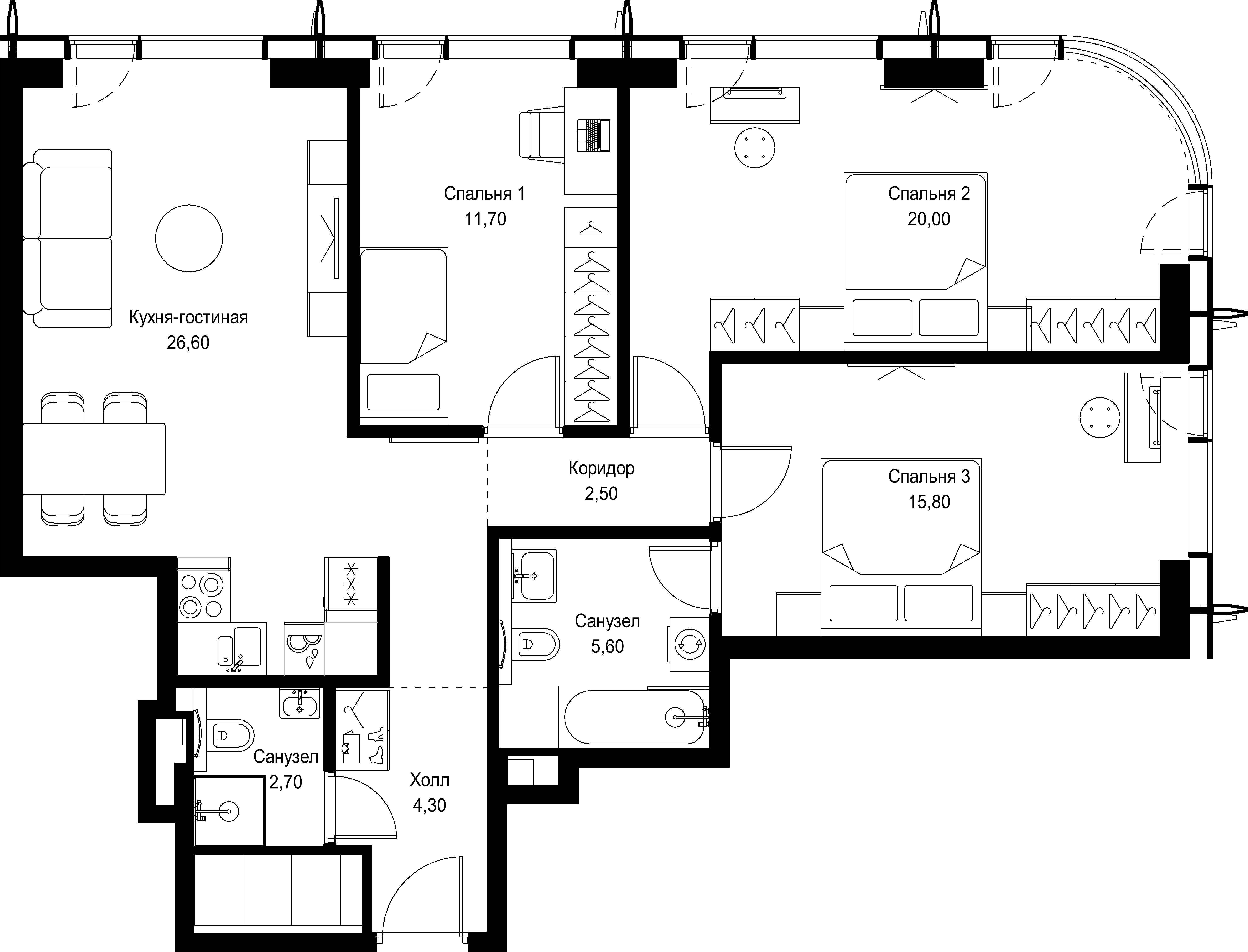 3 комн. квартира, 89.2 м², 54 этаж 