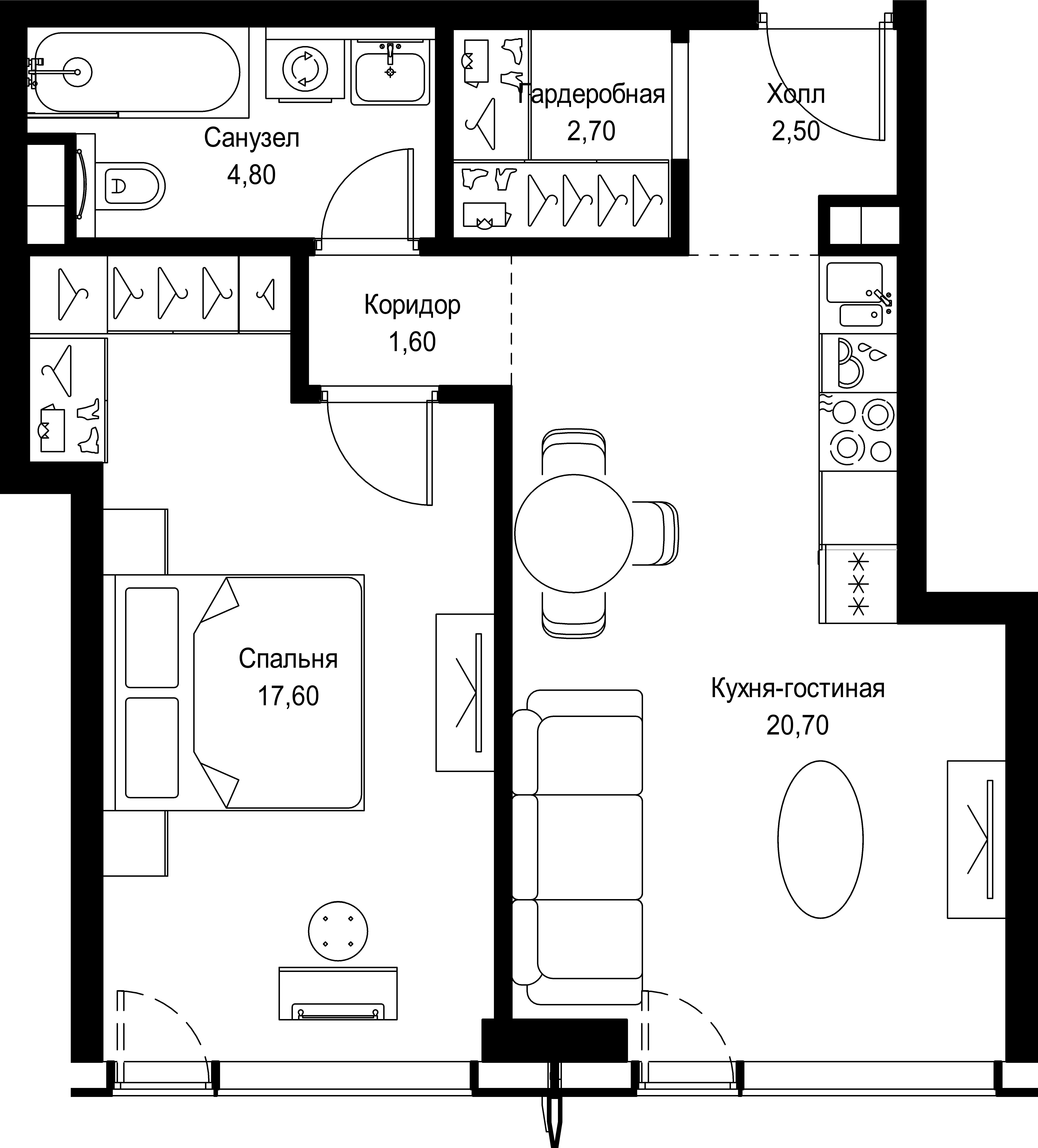 1 комн. квартира, 49.9 м², 54 этаж 