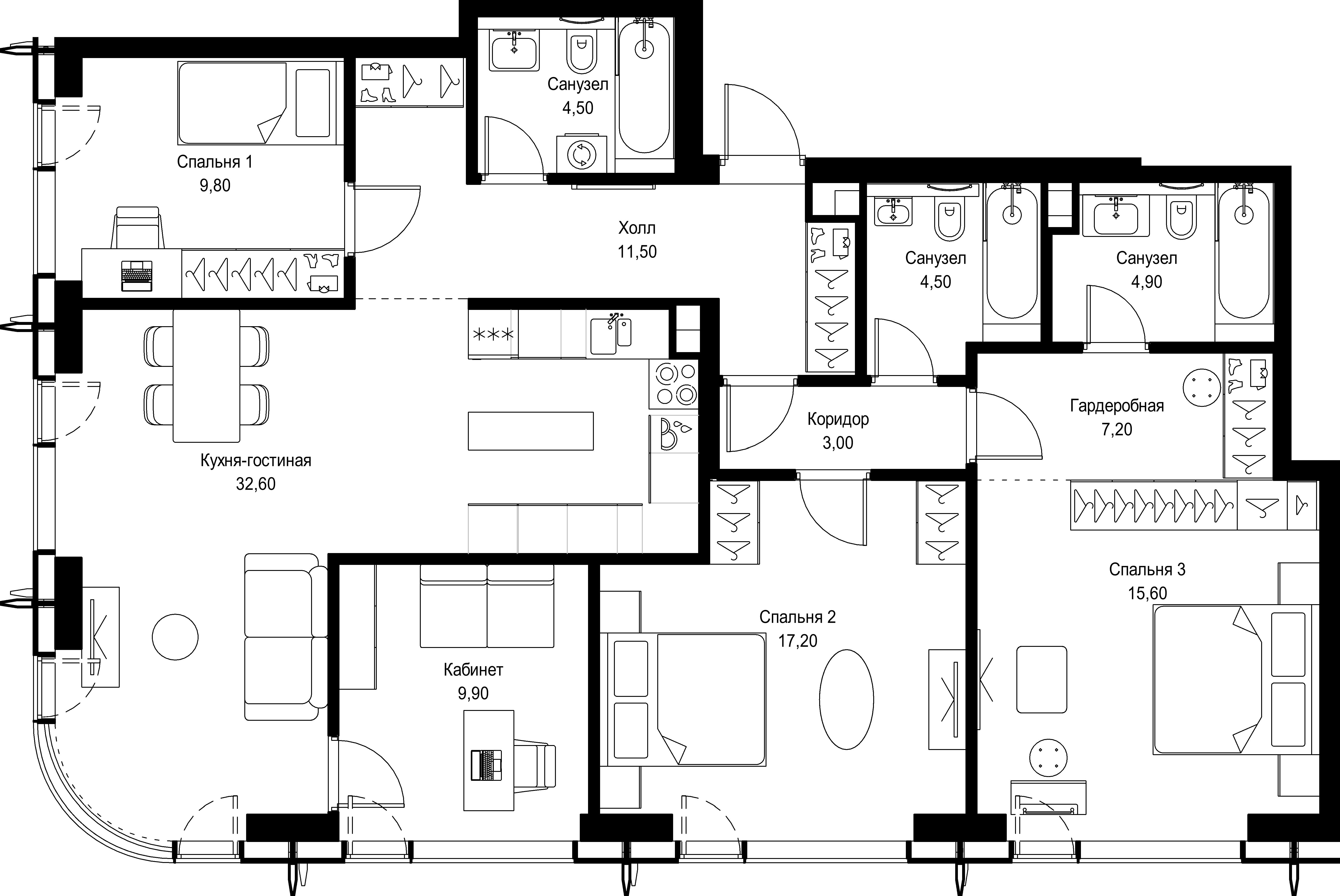 4 комн. квартира, 120.7 м², 54 этаж 