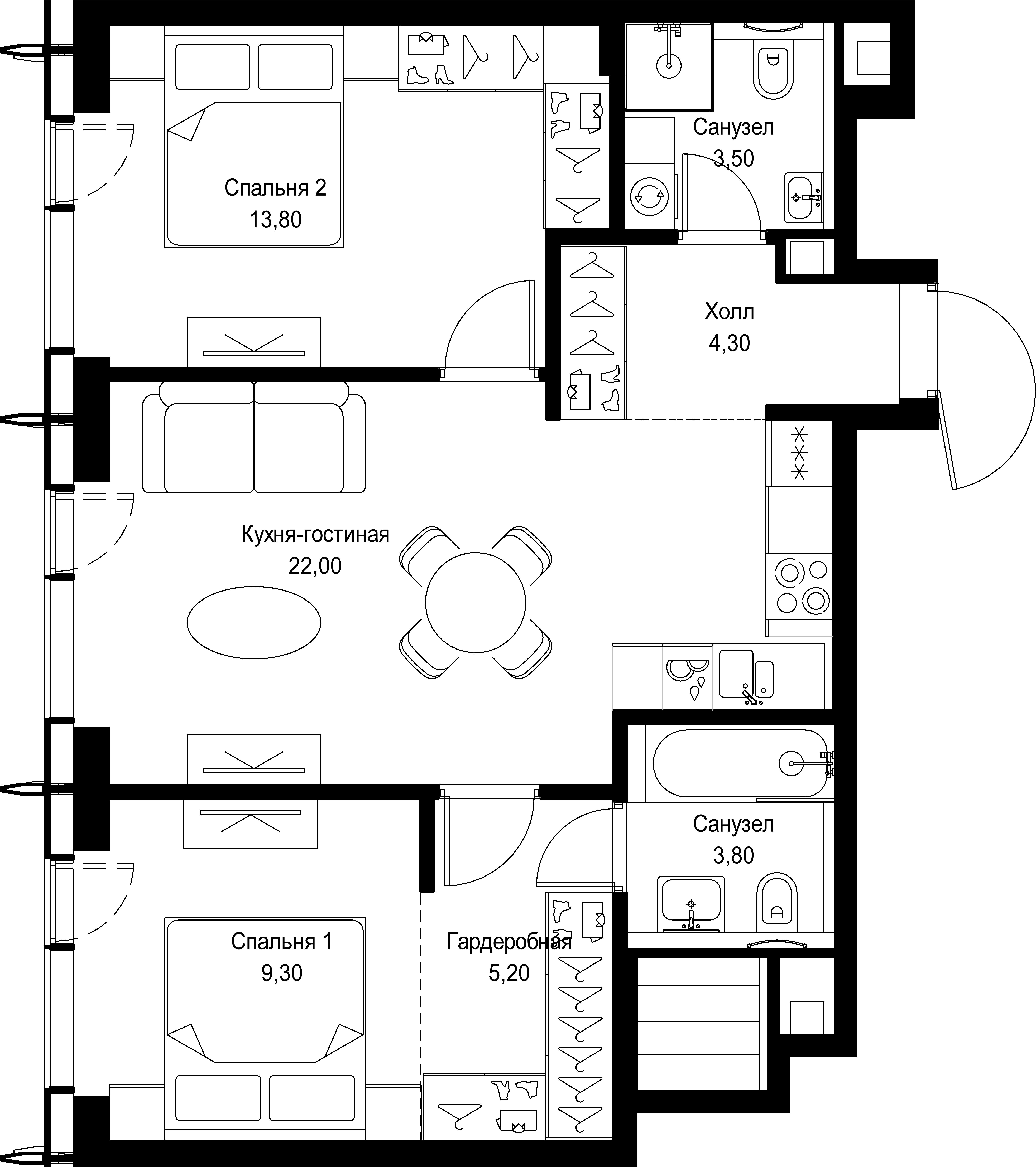 2 комн. квартира, 61.9 м², 54 этаж 