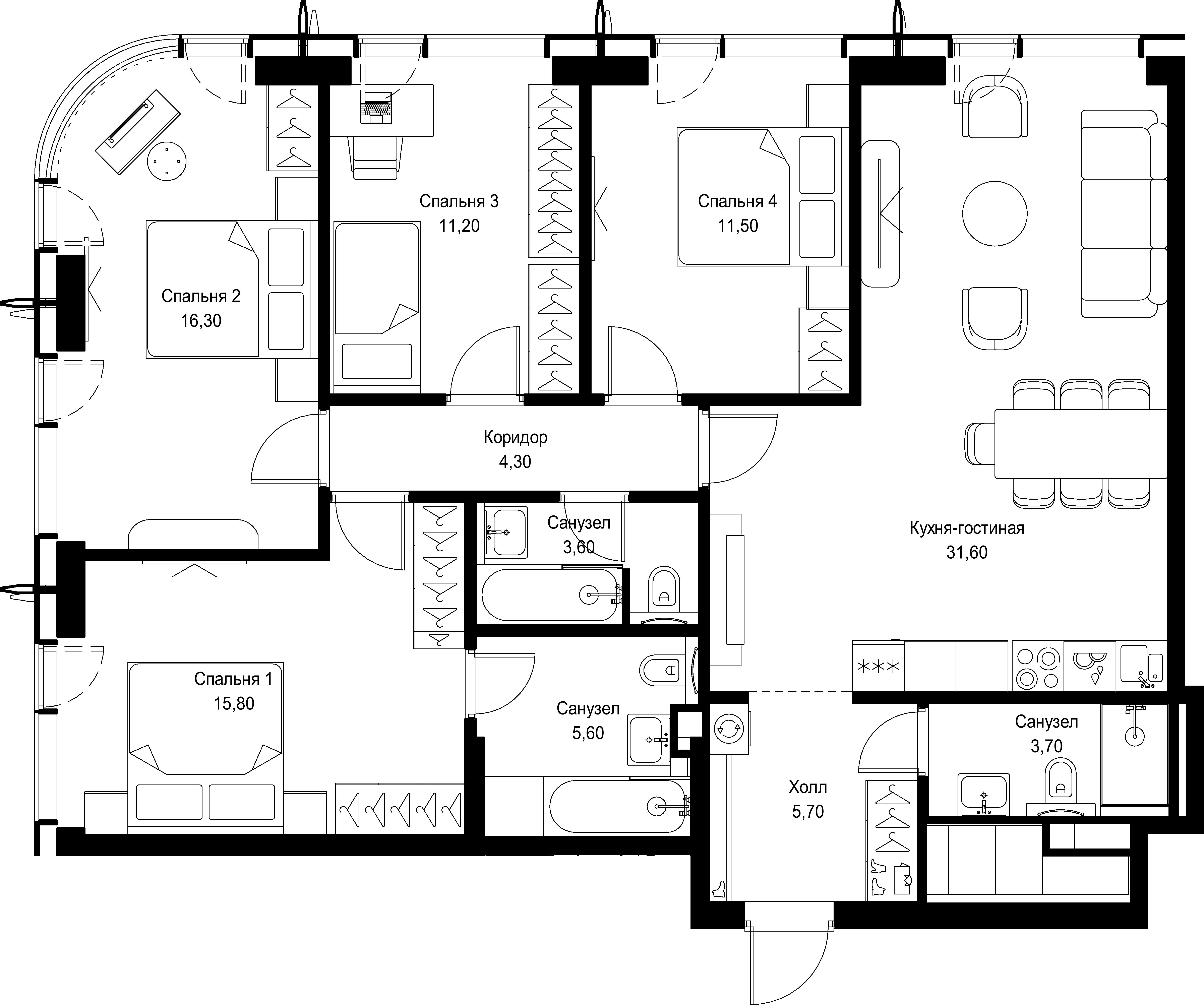4 комн. квартира, 109.3 м², 54 этаж 