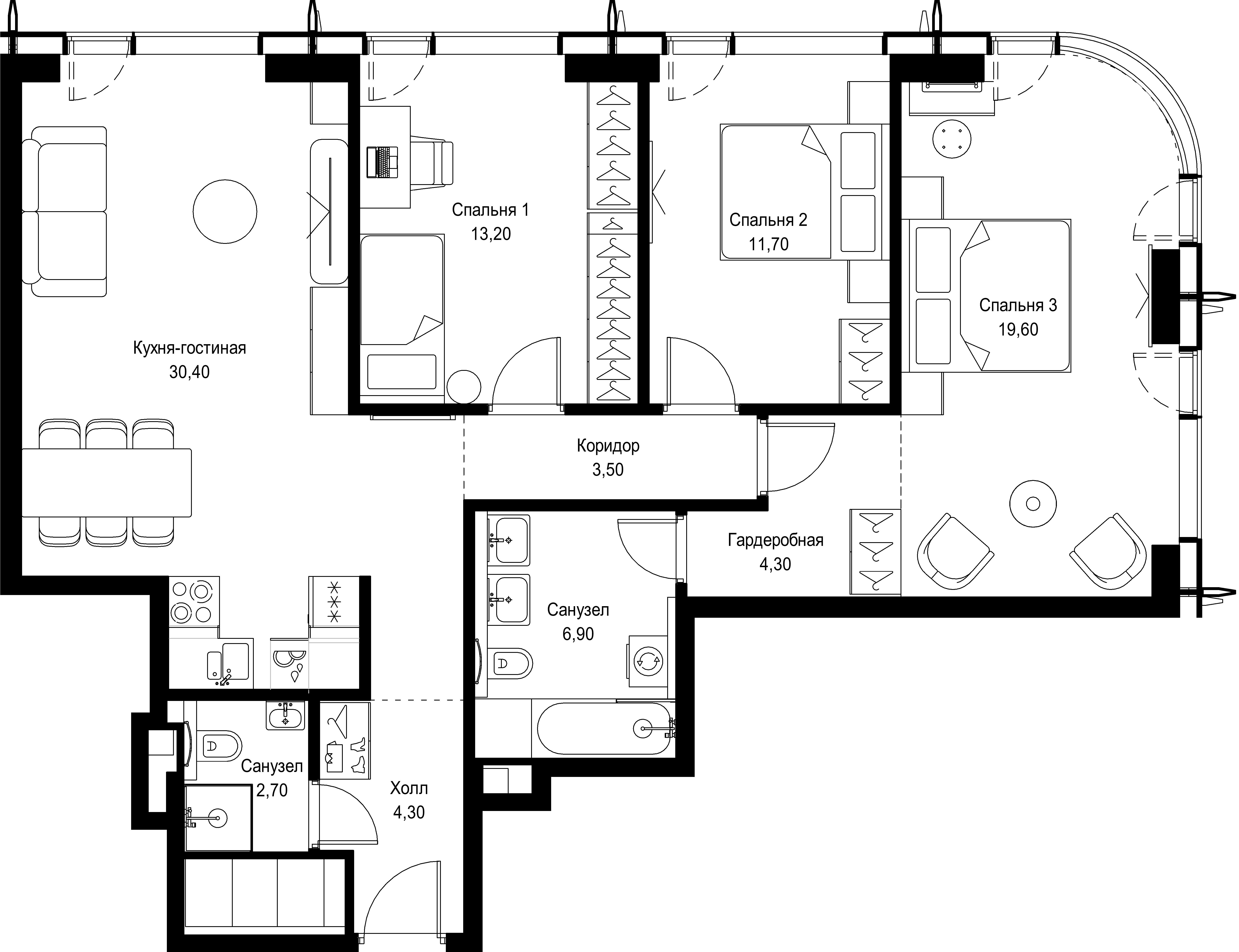 3 комн. квартира, 96.6 м², 58 этаж 