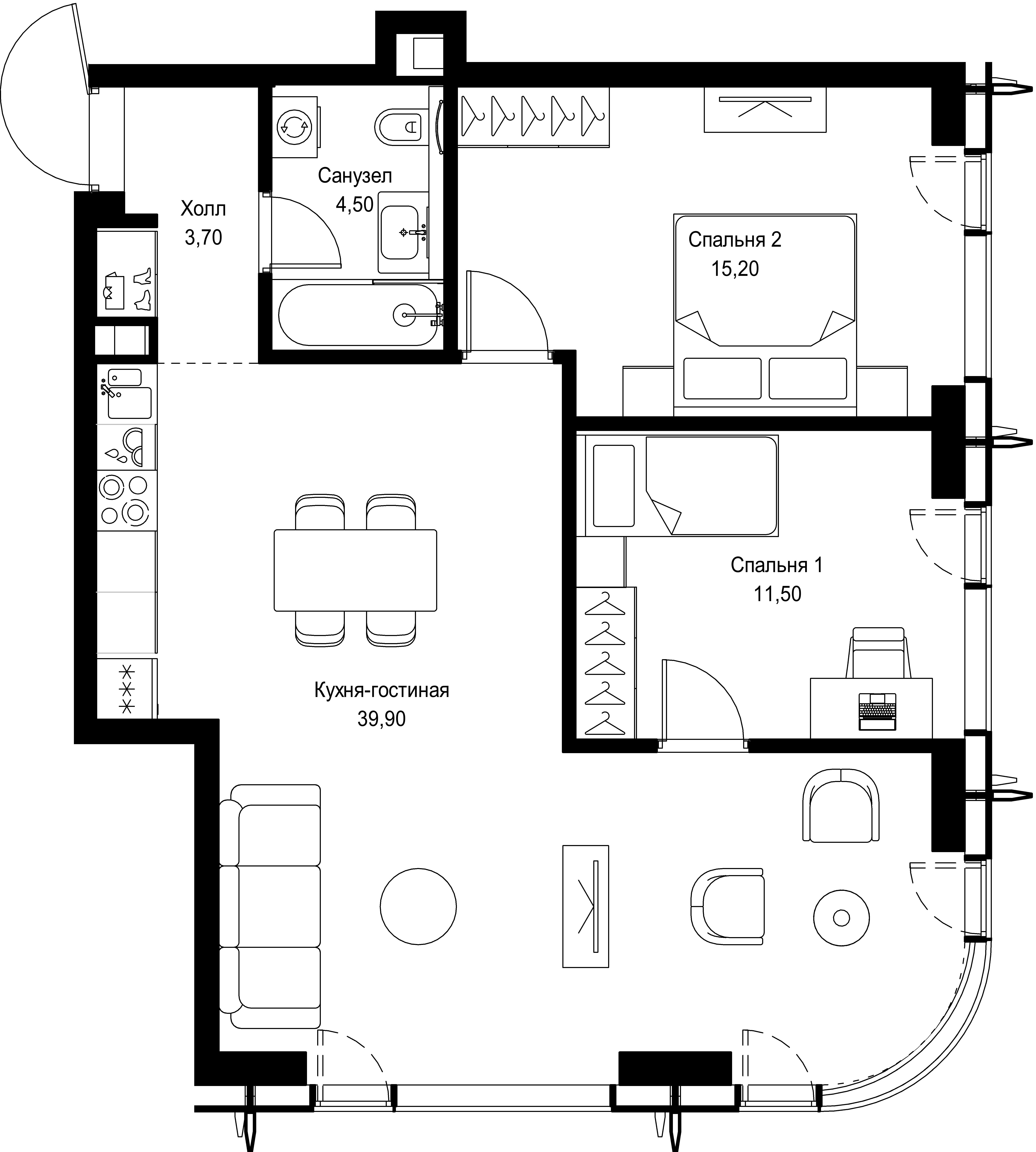 2 комн. квартира, 74.8 м², 58 этаж 