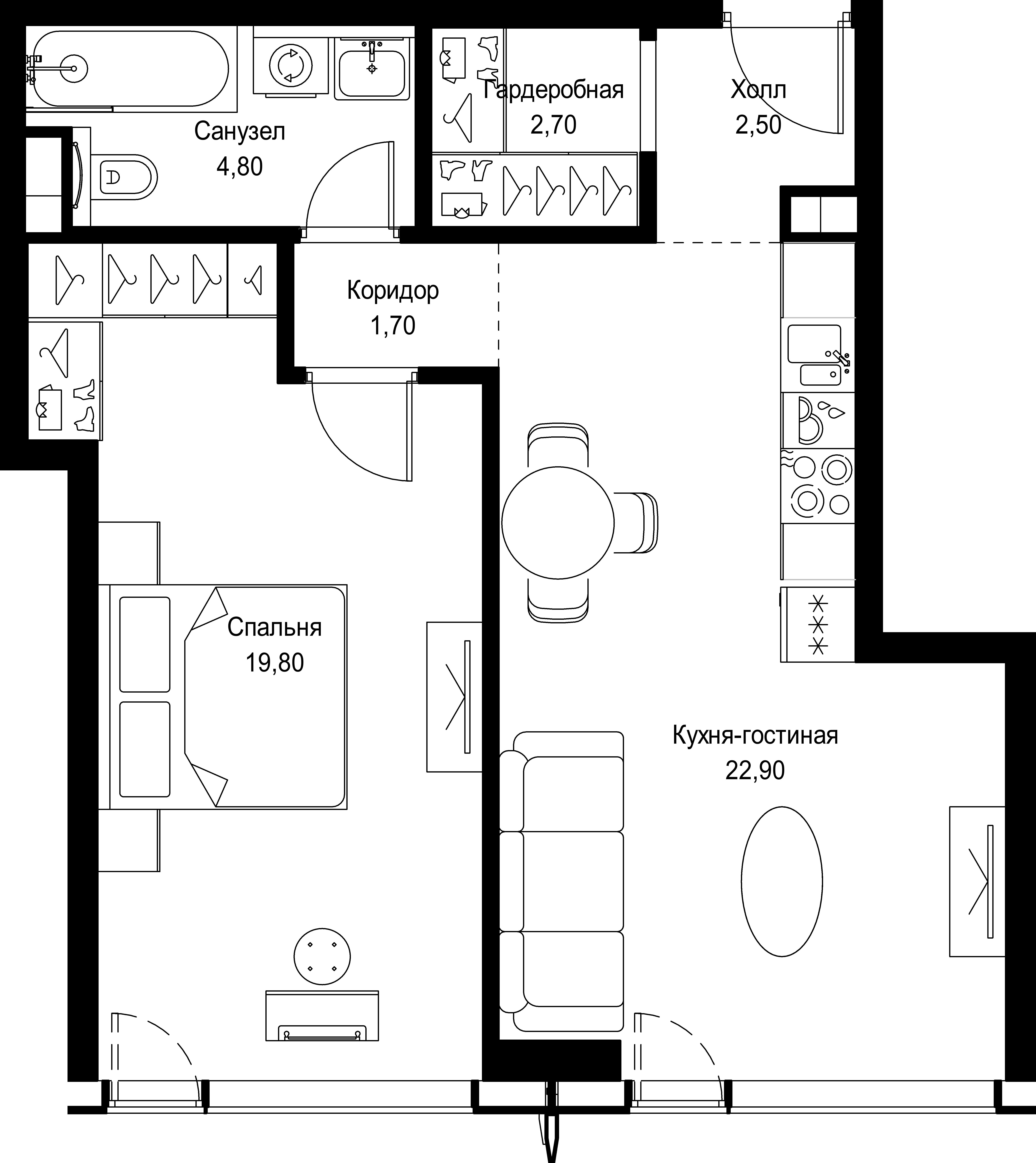 1 комн. квартира, 54.4 м², 58 этаж 