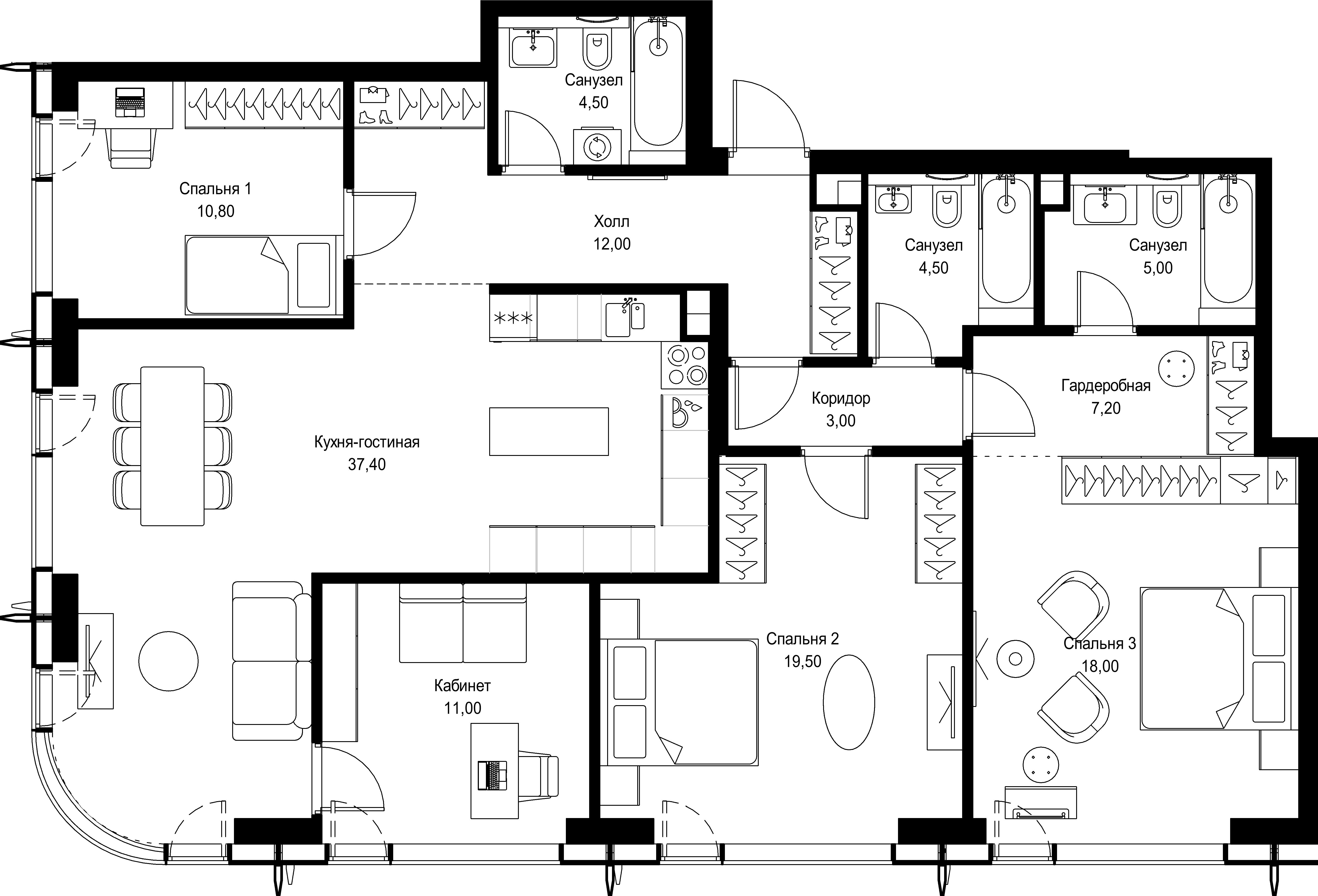 4 комн. квартира, 132.9 м², 58 этаж 