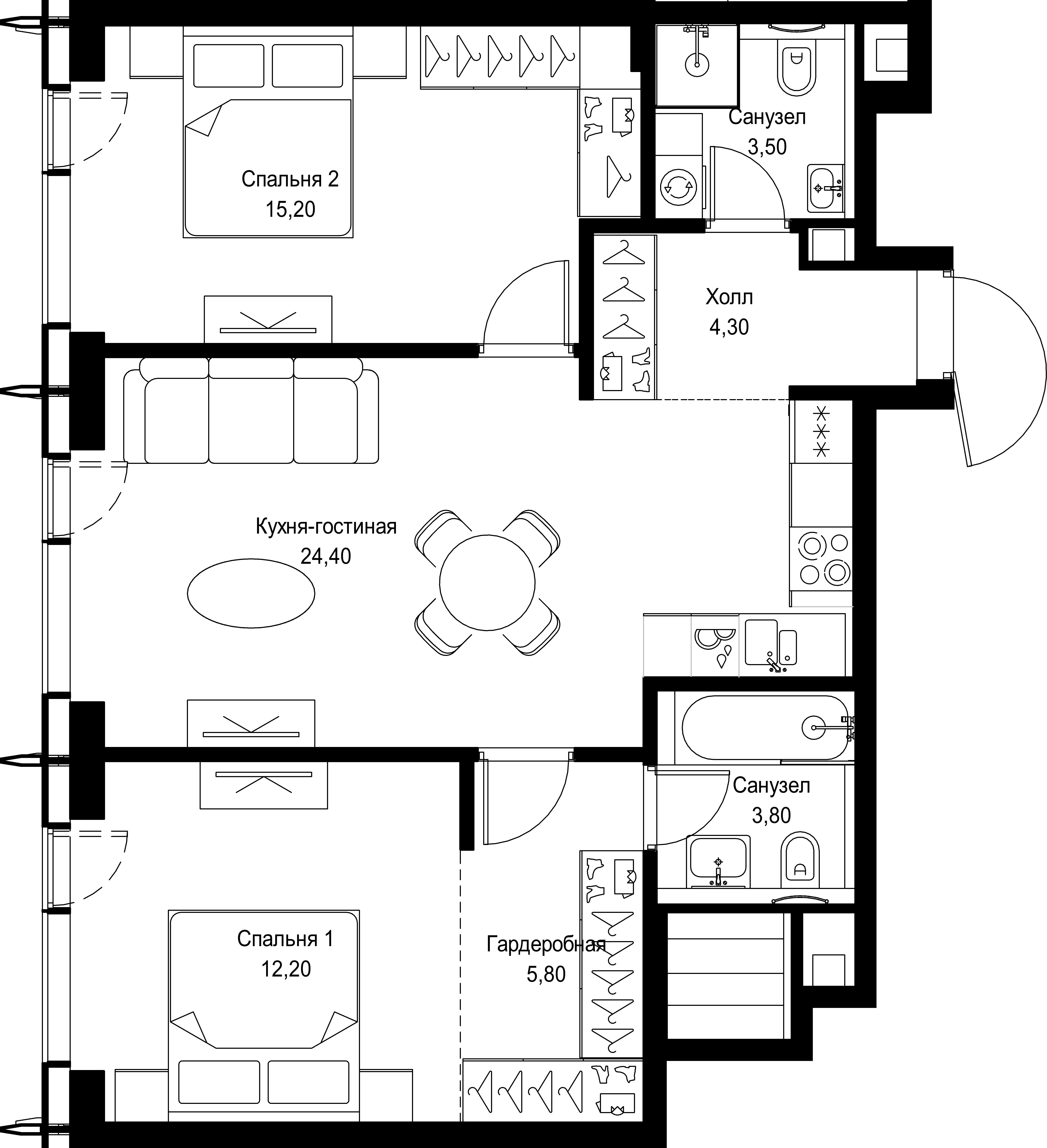 2 комн. квартира, 69.2 м², 58 этаж 
