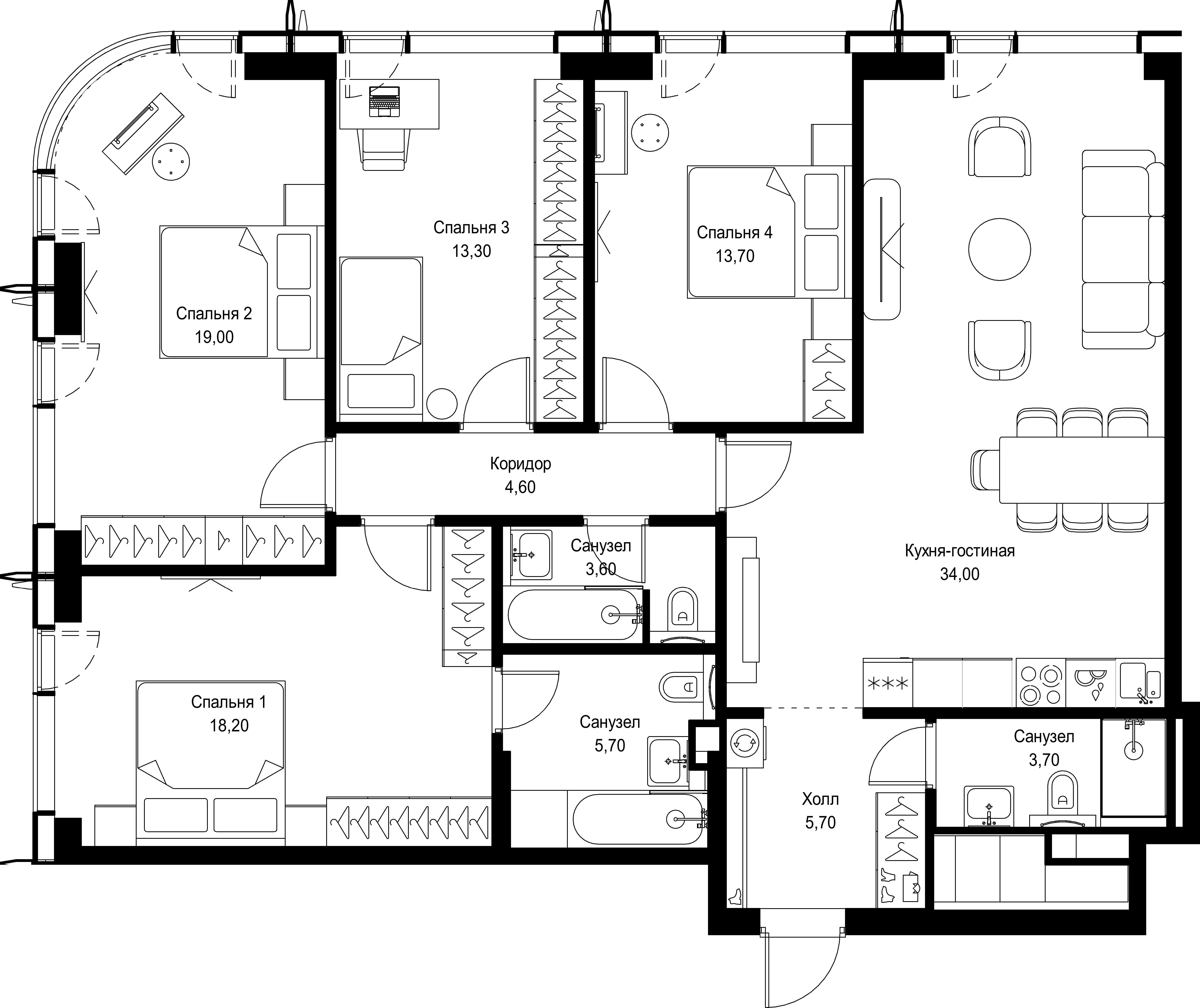 4 комн. квартира, 121.5 м², 58 этаж 