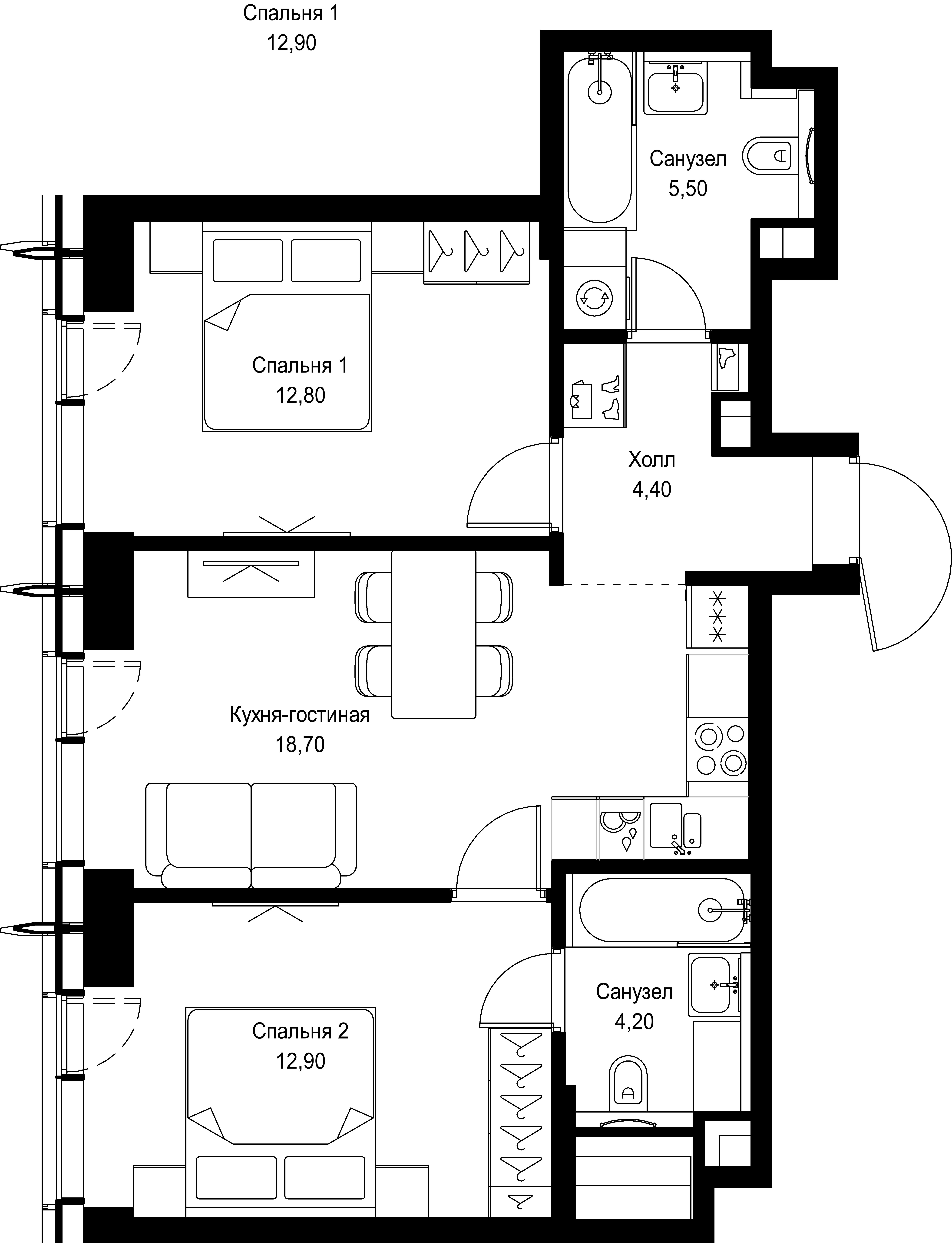2 комн. квартира, 58.5 м², 8 этаж 