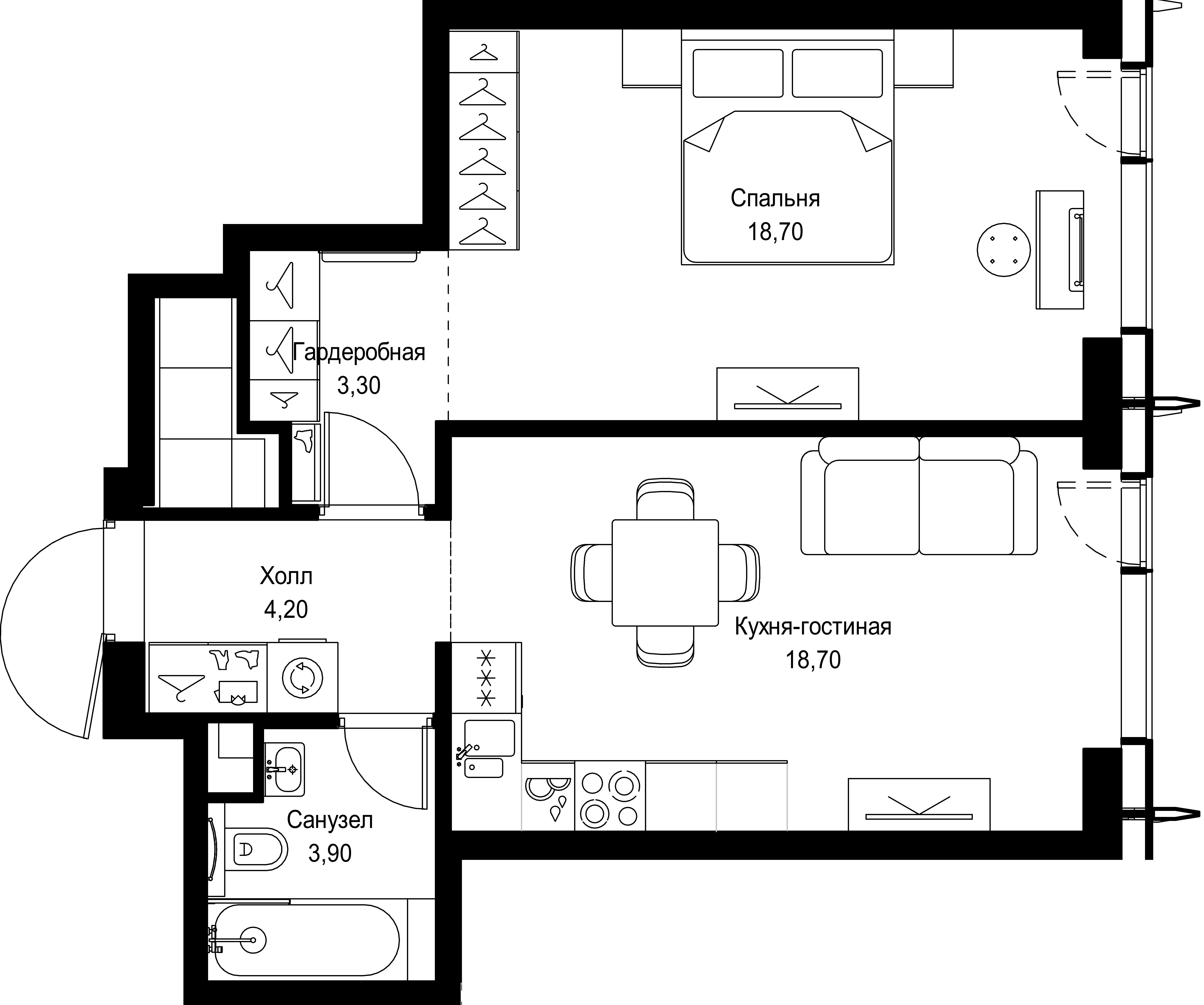 1 комн. квартира, 48.8 м², 58 этаж 